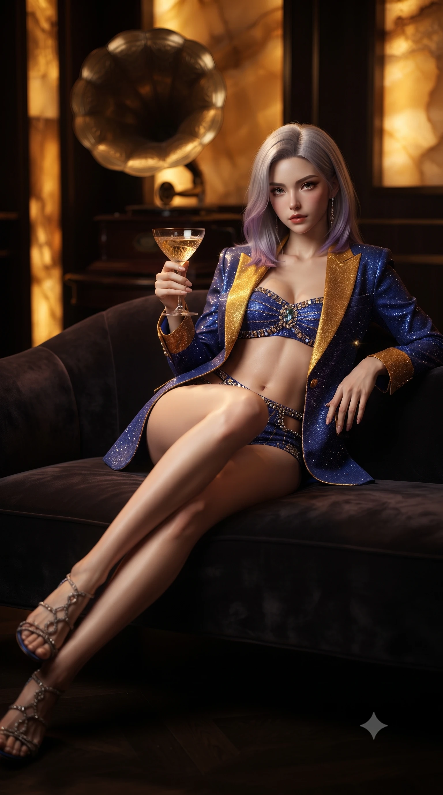 score_9, masterpiece, best quality, ultra-detailed, high-budget anime keyframe, editorial fashion photography, tasteful artistic composition, Caucasian woman. low angle full-body shot from head to toe showing her feet, filling the entire 9:16 vertical frame with her statuesque presence, stretching her vertical silhouette. reclining gracefully across the plush chaise lounge with one leg extended, her sculpted silhouette and flat midriff radiating magnetic nocturnal glamour while perched sideways on the high brass-and-velvet bar stool with legs crossed, arching her lower back to accentuate her curvy hips as she swirls a champagne cocktail. The background shows a soft-focus vintage lacquered gramophone brass horn softened in opulent 1930s Shanghai noir shallow focus. She has an absolutely perfect, statuesque 8.5-heads proportion, an exceptionally tall and slender model-like female figure with impossibly long slender legs, an ultra-slim waist, a flat toned midriff, narrow delicate ribcage, and beautifully sculpted feminine hips creating a graceful, slim hourglass silhouette without any bulky heaviness. sharp v-shaped jawline, high-bridge nose, sparkling eyes with hypnotic seductive depth, thick curled eyelashes, glossy parted lips with a natural dewy peach sheen, alluring bedroom-eyes with an enchanting coquettish smile, exuding magnetic siren charisma and sophisticated glamour, flawlessly proportioned anatomical accuracy, strict slender model proportions, natural body alignment, perfectly sculpted long slender limbs, ultra-slim waistline, clean dynamic posture without body distortion. wearing a tailored open-front satin smoking jacket worn over a jewel-embellished bandeau and micro-shorts in Marrakesh cobalt majorelle blue and saffron gold, woven from stretch metallic lurex jersey casting radiant starlight glints across her silhouette, finished with a thin velvet ribbon choker and a single teardrop diamond pendant, the precision-cut side openings and low-back scoop framing her graceful spine and the sensual sweep of her slim, toned hips. bathed in intimate warm 2600K amber glow radiating from backlit honey onyx and concealed brass cove lights. ultra-reflective glossy finish, specular highlights, rich textural contrasts, high-contrast stereoscopic depth, volumetric dynamic lighting, 2k, ultra detail, master piece, 9:16 ratio