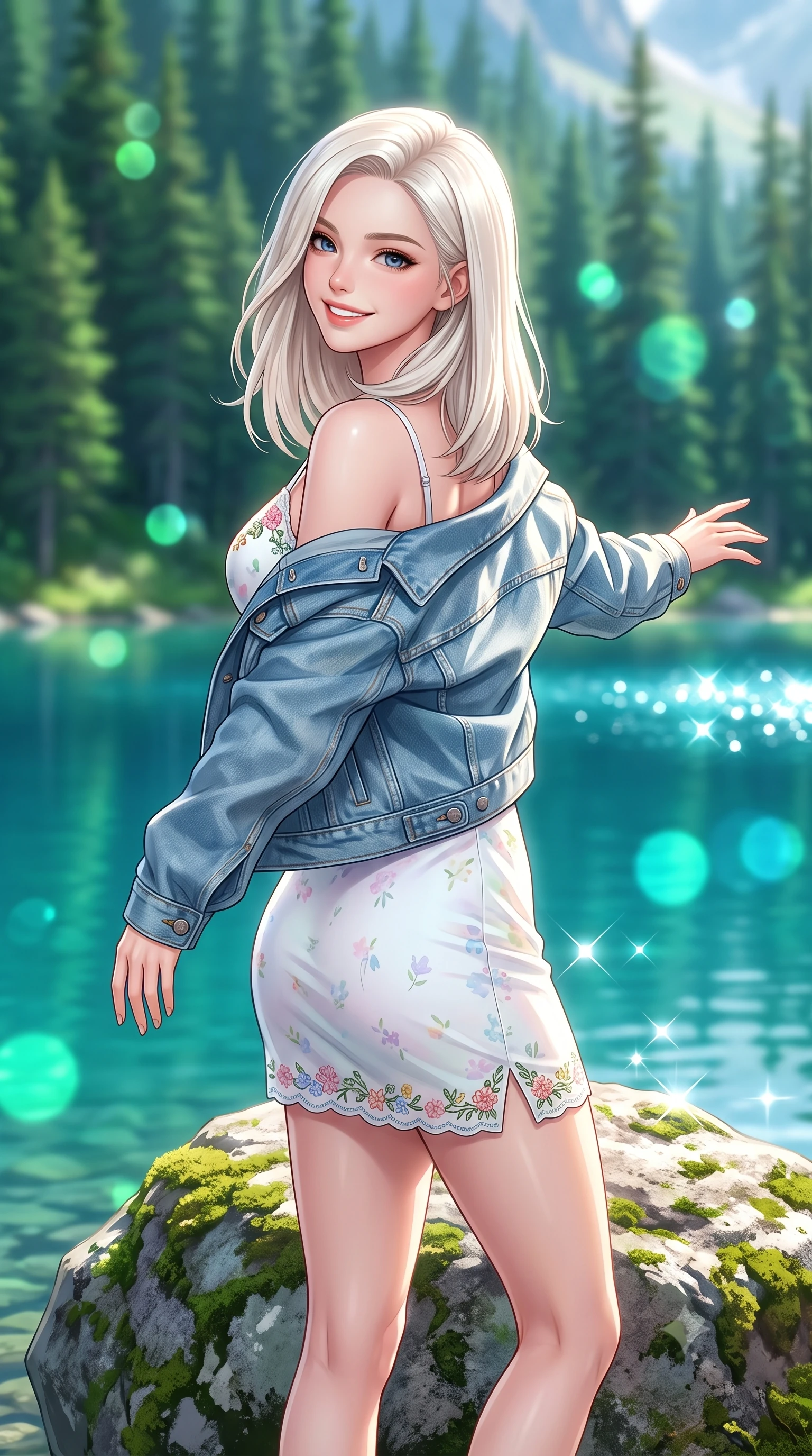 score_9, masterpiece, best quality, ultra-detailed, high-budget anime keyframe, semi-realistic 3D game render, editorial fashion photography, tasteful artistic composition, Caucasian woman. close-up cowboy shot from the waist and thighs up, the character dominates the composition, filling the frame with her large presence. extending one arm gracefully toward the scenery while turning back with an infectious, heartwarming smile while standing poised on a mossy lakeside boulder with open arms, taking a deep breath of fresh pine-scented mountain air. The composition keeps background elements in soft focus with creamy bokeh. mirror-still turquoise lake waters and towering evergreen pine forests blurred into radiant emerald and cyan bokeh. She has an exceptionally elegant, slender, and willowy female figure with an ultra-slim waist, a gracefully sculpted slender torso, toned flat midriff, and a refined slim silhouette. sharp v-shaped jawline, high-bridge nose, intricate jewel-like eyes with depth, thick eyelashes, glossy lips with a natural sheen, pure and lovely fresh girlhood expression, flawlessly proportioned anatomical accuracy, strict slender model proportions, natural body alignment, perfectly sculpted long slender limbs, ultra-slim waistline, clean dynamic posture without body distortion. wearing a classic denim jacket worn lightly over shoulders with a floral print slip dress underneath in fresh alpine white with subtle pastel floral accents, tailored from crisp organic cotton poplin, complemented by subtle floral embroidery along the neckline and hem, the body-hugging lightweight knit clinging delicately to her slender torso, accentuating her graceful neck and feminine lines. bathed in radiant midday sunshine creating sparkling diamond glints across the turquoise lake surface. highly saturated vibrant anime colors, detailed shading with soft gradients, rich glossy textures, high-contrast stereoscopic depth, volumetric dynamic lighting, master piece, 9:16 ratio
