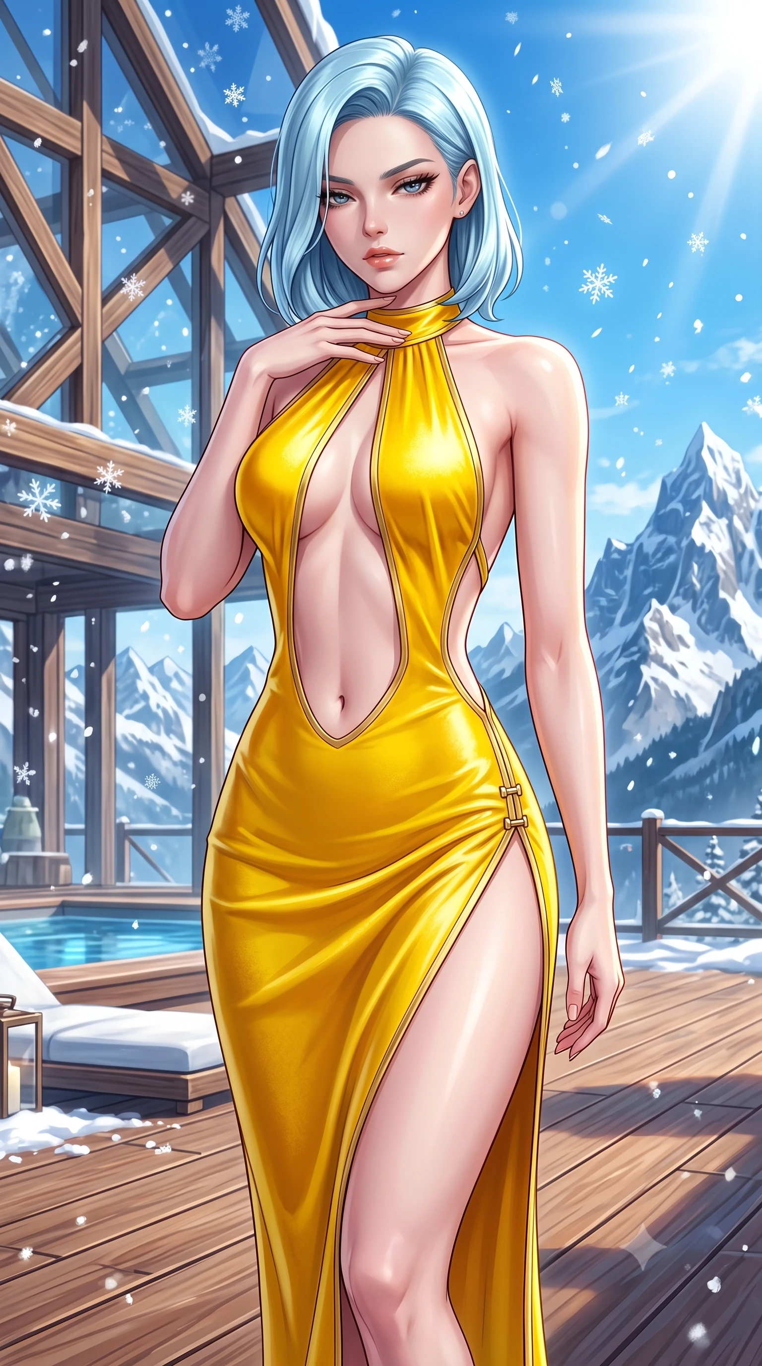 score_9, masterpiece, best quality, ultra-detailed, high-budget anime keyframe, semi-realistic 3D game render, editorial fashion photography, tasteful artistic composition, Korean woman. close-up cowboy shot from the waist and thighs up, the character dominates the composition, filling the frame with her large presence. resting her fingers lightly against her throat while looking down with a smoldering, haughty yet intensely captivating glance while pivoting dynamically on a heated cedar wood deck outside a modern glass chalet under brilliant winter sun. The surrounding environment is rendered in vivid detail and crisp panoramic clarity. intricate glass chalet structural beams, falling snowflake facets, and jagged mountain peaks in high clarity. She has an exceptionally elegant, slender, and willowy female figure with an ultra-slim waist, a gracefully sculpted slender torso, toned flat midriff, and a refined slim silhouette. sharp v-shaped jawline, high-bridge nose, intricate jewel-like eyes with depth, thick eyelashes, glossy lips with a natural sheen, flawlessly proportioned anatomical accuracy, strict slender model proportions, natural body alignment, perfectly sculpted long slender limbs, ultra-slim waistline, clean dynamic posture without body distortion. wearing a velvet halter-neck midi dress fitting her statuesque contour flawlessly with a Tasteful chest slit and open spine in vibrant sunburst canary yellow and gold trim, made of liquid metal jersey that clings flawlessly to every contour of her build, finished with an ultra-high side slit secured by miniature magnetic clasps, the precision-cut daring openings accentuating her delicate midriff, graceful bare collarbones, and ultra-slim feminine waistline. surrounded by a cozy, exclusive, and intensely alluring alpine luxury wellness aura. highly saturated vibrant anime colors, detailed shading with soft gradients, rich glossy textures, high-contrast stereoscopic depth, volumetric dynamic lighting, master piece, 9:16 ratio