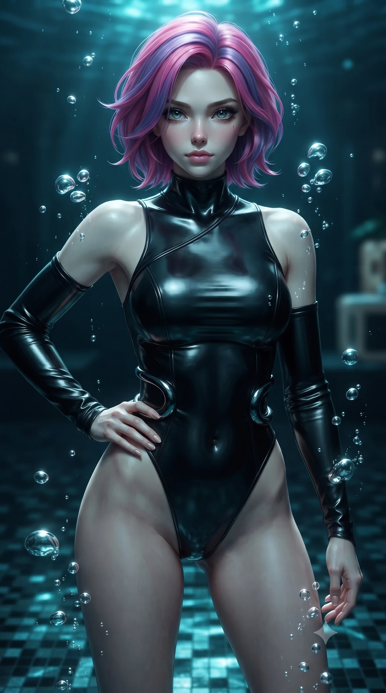 score_9, masterpiece, best quality, ultra-detailed, high-budget anime keyframe, editorial fashion photography, tasteful artistic composition, Caucasian woman. close-up cowboy shot from the waist and thighs up, the character dominates the composition, filling the frame with her large presence, background elements kept in soft focus. Holding a confident power pose with one hand on her hip, gliding over a dark mosaic floor illuminated by underwater caustic light, rising deep-sea bubbles catching sharp pearl-white rim highlights. She has an exceptionally elegant, slender, and willowy female figure with an ultra-slim waist, a gracefully sculpted slender torso, and a refined silhouette. sharp v-shaped jawline, high-bridge nose, intricate jewel-like eyes with depth, thick eyelashes, glossy lips with a natural sheen. wearing asymmetric high-cut cyber-bodysuit with detached sleeves in onyx black in pitch-black onyx, made of polished black leather, accented with sculpted obsidian chrome rings at the waist, the fitted fabric emphasizing her ultra-slim waist. bathed in shimmering aqua caustic light and pitch-black abyssal shadows. ultra-reflective glossy finish, specular highlights, metallic sheen, high-contrast stereoscopic depth, volumetric dynamic lighting, 2k, ultra detail, master piece, 9:16 ratio