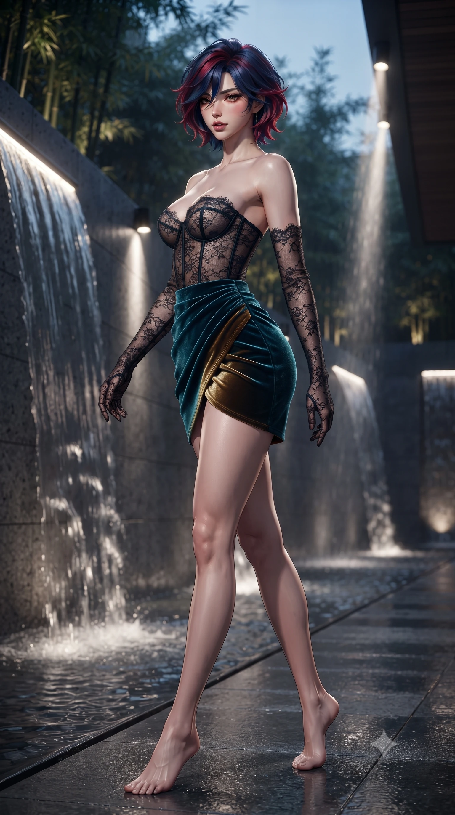 score_9, masterpiece, best quality, ultra-detailed, high-budget anime keyframe, editorial fashion photography, tasteful artistic composition, Korean woman. low angle full-body shot from head to toe showing her feet, filling the entire 9:16 vertical frame with her statuesque presence, stretching her vertical silhouette. walking along the terrace with poise, looking back over her bare shoulder with an irresistible smoldering bedroom-gaze while twisting her slender torso in an alluring contrapposto stance, dramatic architectural downlights carving sharp highlights across her curves. The background shows a soft-focus cascading sheets of water over textured charcoal concrete, illuminated plunge pool ripples, and minimalist bamboo groves blurred into charcoal, aquamarine, and amber bokeh. She has an absolutely perfect, statuesque 8.5-heads proportion, an exceptionally tall and slender model-like female figure with impossibly long slender legs, an ultra-slim waist, a flat toned midriff, narrow delicate ribcage, and beautifully sculpted feminine hips creating a graceful, slim hourglass silhouette without any bulky heaviness. sharp v-shaped jawline, high-bridge nose, sparkling eyes with hypnotic seductive depth, thick curled eyelashes, glossy parted lips with a natural dewy peach sheen, alluring bedroom-eyes with an enchanting coquettish smile, exuding magnetic siren charisma and sophisticated glamour, flawlessly proportioned anatomical accuracy, strict slender model proportions, natural body alignment, perfectly sculpted long slender limbs, ultra-slim waistline, clean dynamic posture without body distortion. wearing a sculpted underwire demi-bustier in semi-sheer lace paired with an ultra-short draped tulip skirt in deep peacock teal and burnished antique brass, tailored from ultra-plush velvet with rich tactile depth and deep shadow gradients, complemented by sheer opera-length lace evening gloves tracing her slender arms, the precision-cut side openings and low-back scoop framing her graceful spine and the sensual sweep of her slim, toned hips. bathed in dramatic narrow-beam 4000K architectural spotlights cutting through falling water sheets. ultra-reflective glossy finish, specular highlights, rich textural contrasts, high-contrast stereoscopic depth, volumetric dynamic lighting, 2k, ultra detail, master piece, 9:16 ratio