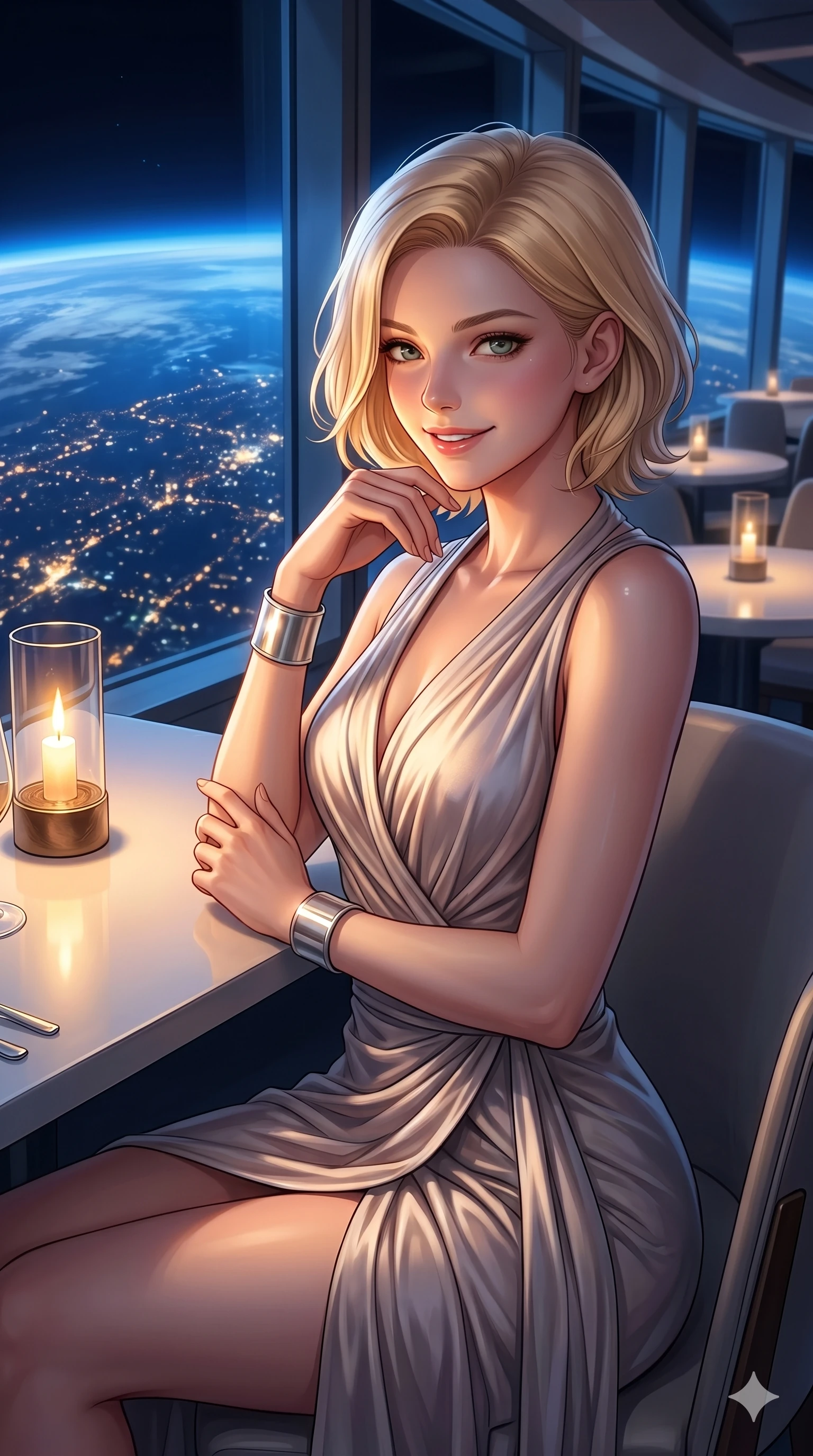 score_9, masterpiece, best quality, ultra-detailed, high-budget anime keyframe, editorial fashion photography, tasteful artistic composition, Caucasian woman, strictly human ears. Upper body close-up from the thighs up, character filling the screen for maximum presence. Inside an orbital restaurant, looking down at a city on earth, sitting at a window table, looking back with a charming, friendly smile. She is wearing a high-fashion draped wrap dress with a V-neckline and silver wrist cuffs. The scene is lit by warm candlelight and the cool blue reflection of the Earth. 2k, ultra detail, master piece, 9:16 ratio