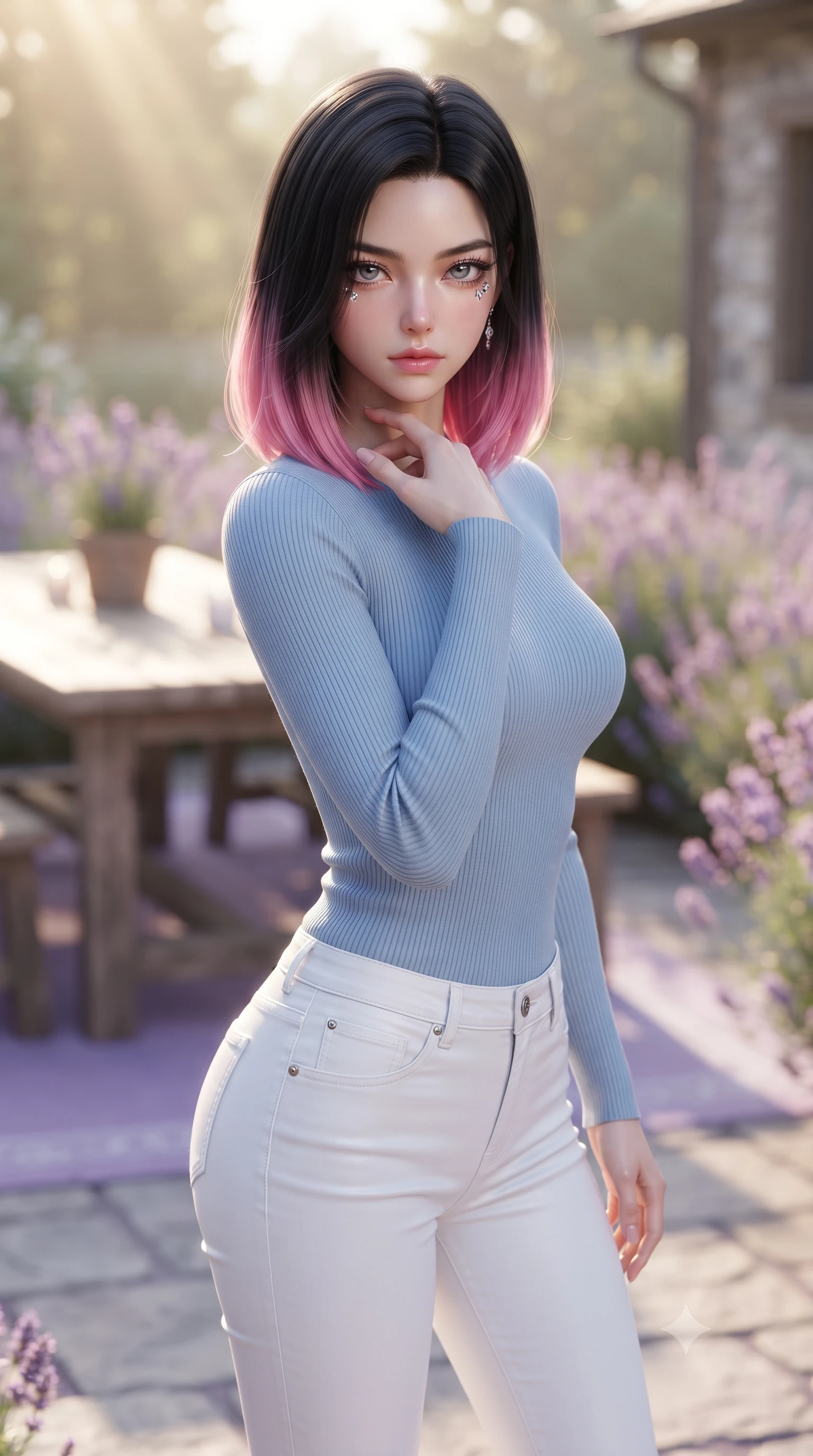 score_9, masterpiece, best quality, ultra-detailed, high-budget anime keyframe, editorial fashion photography, tasteful artistic composition, Korean woman woman. close-up cowboy shot from the waist and thighs up, the character dominates the composition, filling the frame with her large presence, background elements kept in soft focus. standing with one hand resting on her collarbone, looking at the viewer with bedroom-eyes the background shows a soft-focus a lavender-lined stone patio of a private country house, with a rustic wooden table. She has an exceptionally elegant, slender, and willowy female figure with an ultra-slim waist, a gracefully sculpted slender torso, and a refined silhouette. sharp v-shaped jawline, high-bridge nose, intricate jewel-like eyes with depth, thick eyelashes, glossy lips with a natural sheen. wearing a slim-fit body-hugging light blue ribbed long-sleeve top paired with tight white denim pants. soft golden afternoon sunbeams, casting a peaceful country glow. ultra-reflective glossy finish, specular highlights, metallic sheen, high-contrast stereoscopic depth, volumetric dynamic lighting, 2k, ultra detail, master piece, 9:16 ratio