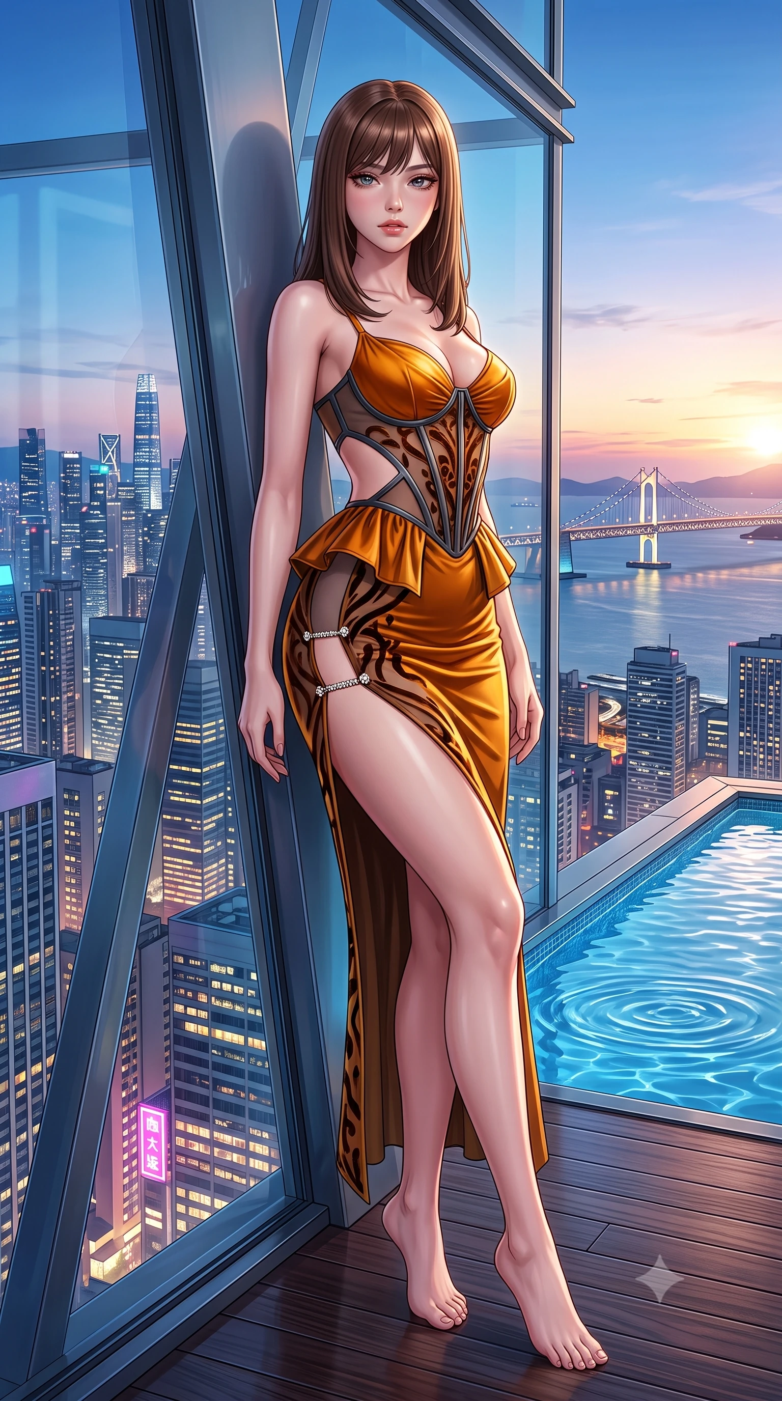 score_9, masterpiece, best quality, ultra-detailed, high-budget anime keyframe, semi-realistic 3D game render, editorial fashion photography, tasteful artistic composition, Korean woman. low angle full-body shot from head to toe showing her feet, filling the entire 9:16 vertical frame with her statuesque presence, stretching her vertical silhouette. leaning deep against the structural architecture with hips cocked in an unapologetically bold, seductive high-fashion stance while pivoting gracefully on the polished balcony deck with hips shifted in a pronounced contrapposto stance, parted glossy lips reflecting city neon. The surrounding environment is rendered in vivid detail and crisp panoramic clarity. detailed skyscraper skyline panoramas, distant suspension bridges, and pool water ripples in high resolution. She has an absolutely perfect, statuesque 8.5-heads proportion, an exceptionally tall and slender model-like female figure with impossibly long slender legs, a toned flat midriff, an ultra-slim waist, and beautifully sculpted feminine hips. sharp v-shaped jawline, high-bridge nose, intricate jewel-like eyes with depth, thick eyelashes, glossy parted lips with a natural sheen, intensely captivating and seductive bedroom-eyes expression, flawlessly proportioned anatomical accuracy, strict slender model proportions, natural body alignment, perfectly sculpted long slender limbs, ultra-slim waistline, clean dynamic posture without body distortion. wearing a modern peplum corset dress with side-waist diamond cutouts and an ultra-tight silhouette in molten amber-gold and dark gunmetal, made of sheer contouring mesh with velvet flocking patterns, finished with an ultra-high side slit secured by miniature jeweled clasps, the form-contouring material adhering flawlessly to her sculpted flat midriff and slender torso, emphasizing her long leg lines and perfectly proportioned willowy build. surrounded by a cosmopolitan, elite, and intensely magnetic modern royalty aura. highly saturated vibrant anime colors, detailed shading with soft gradients, rich glossy textures, high-contrast stereoscopic depth, volumetric dynamic lighting, master piece, 9:16 ratio