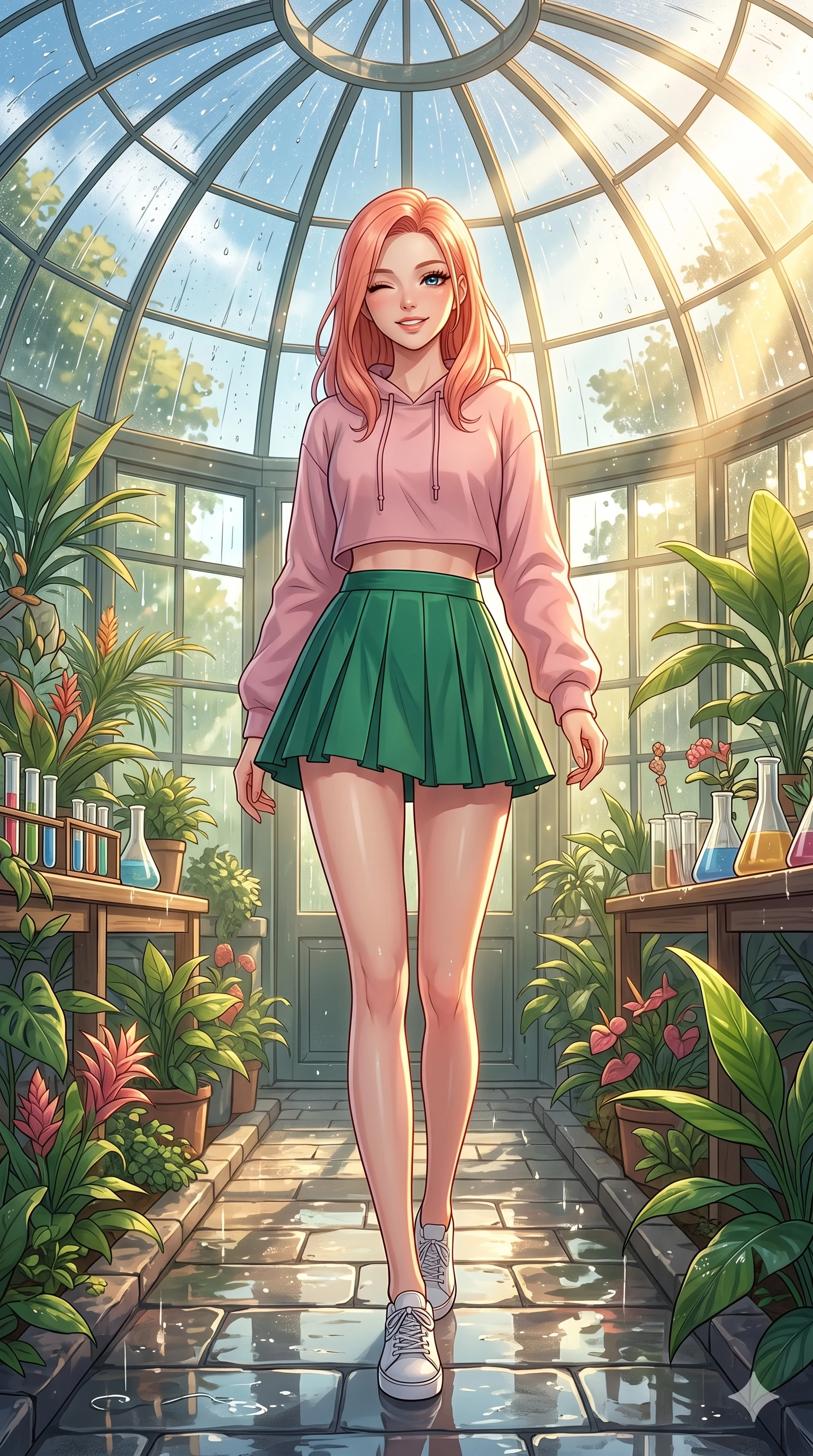 score_9, masterpiece, best quality, ultra-detailed, high-budget anime keyframe, vibrant anime aesthetic, Japanese woman. low angle full-body shot from head to toe showing her feet, filling the entire 9:16 vertical frame with her statuesque presence, stretching her vertical silhouette. She is walking down a rain-slicked path, winking and smiling cheerfully, gazing at the camera with sparkling eyes under the glass conservatory dome. inside a sunny greenhouse laboratory filled with rare botanical specimens and golden volumetric sunbeams (Code-P22-056). She has an absolutely perfect 8-heads proportion, an exceptionally tall and slender female figure with impossibly long slender legs and an ultra-slim waist. V-shaped jawline, high-bridge nose, intricate jewel-like eyes with depth, thick eyelashes, glossy lips with a natural sheen. wearing a cropped hoodie paired with a high-waisted pleated tennis skirt in emerald green. She is drenched in brilliant morning sunshine reflecting off wet glass domes, highlighting her winking face and glossy lips in the cozy indoor garden. 2k, ultra detail, master piece, 9:16 ratio