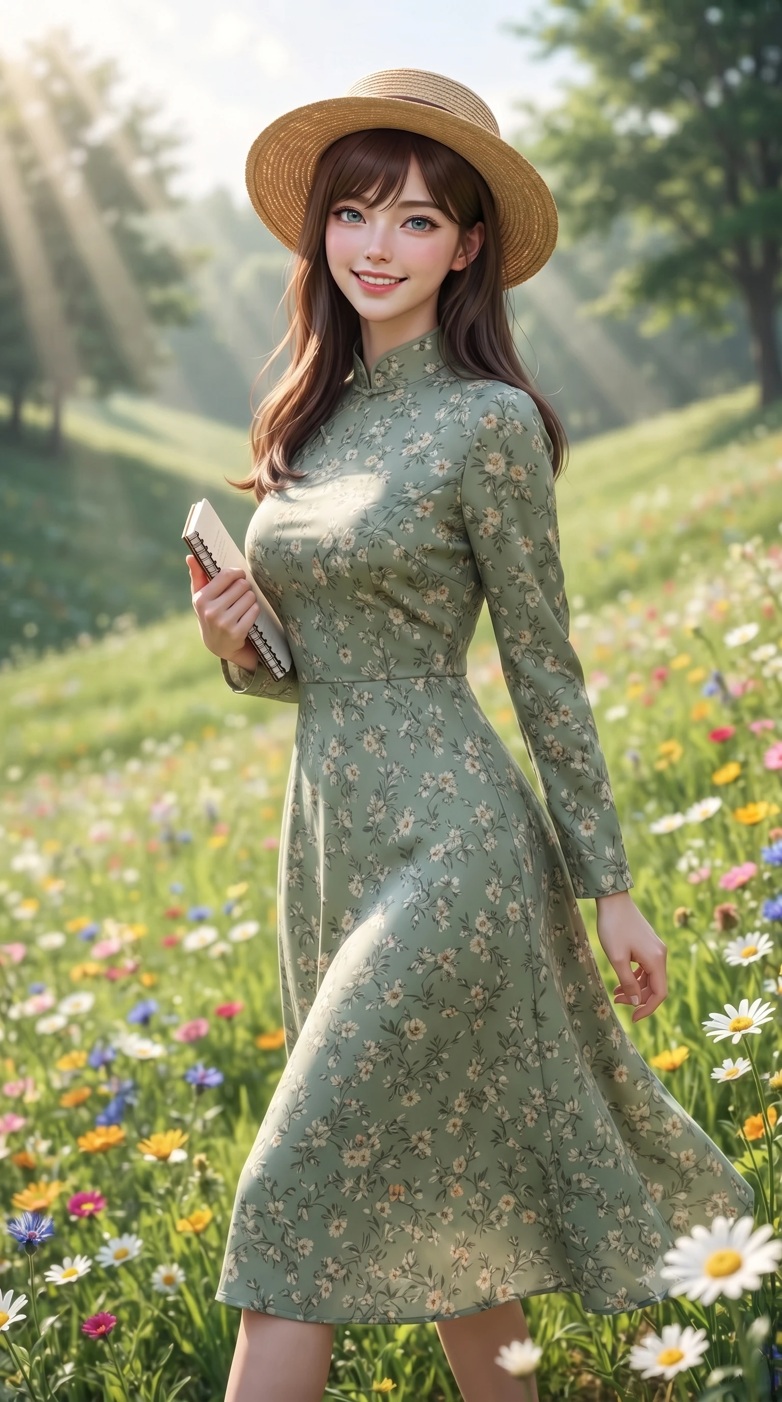 score_9, masterpiece, best quality, ultra-detailed, high-budget anime keyframe, editorial fashion photography, tasteful artistic composition, Korean woman. close-up cowboy shot from the waist and thighs up, the character dominates the composition, filling the frame with her large presence, background elements kept in soft focus. smiling with cute and bright self-assurance, looking directly at the viewer set against a soft-focus background of on a gentle green hillside covered with colorful wildflowers and daisies with a cute straw hat and a small notebook in her hand. She has an exceptionally elegant, slender, and willowy female figure with an ultra-slim waist, a gracefully sculpted slender torso, and a refined silhouette. sharp v-shaped jawline, high-bridge nose, intricate jewel-like eyes with depth, thick eyelashes, glossy lips with a natural sheen. wearing slim-fit lovely floral print midi dress in sage green, featuring a high collar and long sleeves. volumetric sunbeams slicing through tree edges onto the grassy meadow. ultra-reflective glossy finish, specular highlights, metallic sheen, high-contrast stereoscopic depth, volumetric dynamic lighting, 2k, ultra detail, master piece, 9:16 ratio