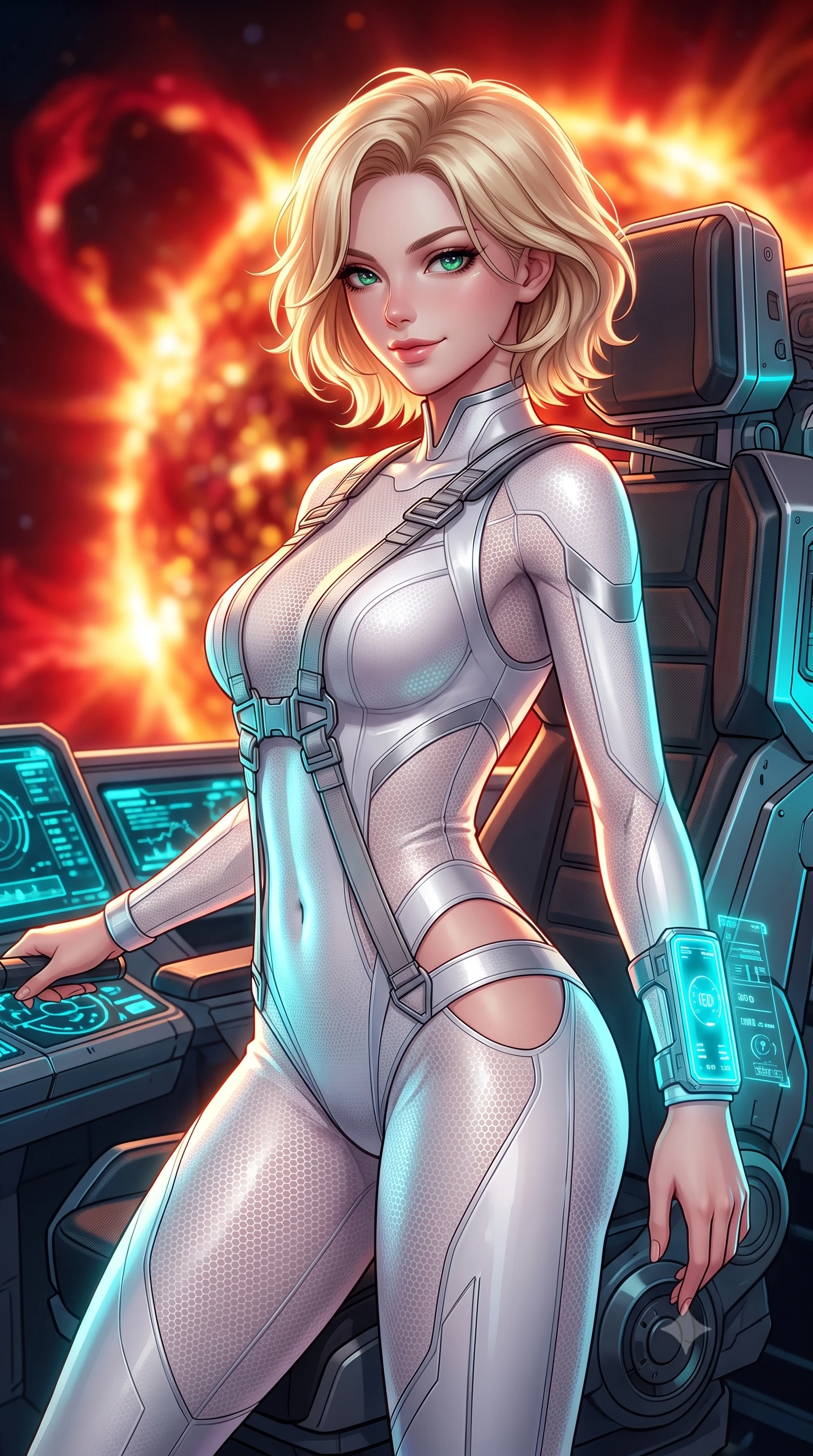 score_9, masterpiece, best quality, ultra-detailed, high-budget anime keyframe, semi-realistic 3D game render, editorial fashion photography, tasteful artistic composition, Caucasian woman. close-up cowboy shot from the waist and thighs up, the character dominates the composition, filling the frame with her large presence. turning slowly with a smoldering smile, her sleek hair catching the cockpit HUD rim light as her hips angle gracefully in a captivating contrapposto while strapped into the ergonomic pilot flight seat, arching her spine with sovereign composure as blinding crimson and gold solar flares erupt outside. The background shows a soft-focus the colossal solar corona eruption and dazzling solar prominence arcs blurred into blinding gold, carmine, and copper bokeh. She has an exceptionally elegant, slender, and willowy female figure with an ultra-slim waist, flat toned midriff, narrow ribcage, and sculpted feminine hips creating an alluring, slim hourglass silhouette without bulk. sharp v-shaped jawline, high-bridge nose, intricate jewel-like sparkling eyes with depth, thick eyelashes, glossy parted lips with a natural sheen, bright confident smile with an enchanting and coquettish sensual glint, exuding both youthful magnetic charm and sovereign high-tech allure, flawlessly proportioned anatomical accuracy, strict slender model proportions, natural body alignment, perfectly sculpted long slender limbs, ultra-slim waistline, clean dynamic posture without body distortion. wearing a high-performance speeder pilot catsuit with ergonomic silicone grip lines and strategic hip cutouts in pure alabaster white and brushed silver accents, woven from delicate semi-opaque high-tensile nano-mesh with intricate hexagonal micro-patterns, featuring sleek glowing cyan HUD display wrist cuffs with floating data telemetry, the form-fitting tactical tailoring adhering flawlessly to her sculpted flat midriff and slender torso, emphasizing her long leg lines and perfectly proportioned willowy build. illuminated by instrument panel cyan bounce and sharp golden rim lights sculpting her sculpted collarbones, ultra-slim waist, and curvy hips. highly saturated vibrant anime colors, detailed shading with soft gradients, rich glossy textures, high-contrast stereoscopic depth, volumetric dynamic lighting, master piece, 9:16 ratio