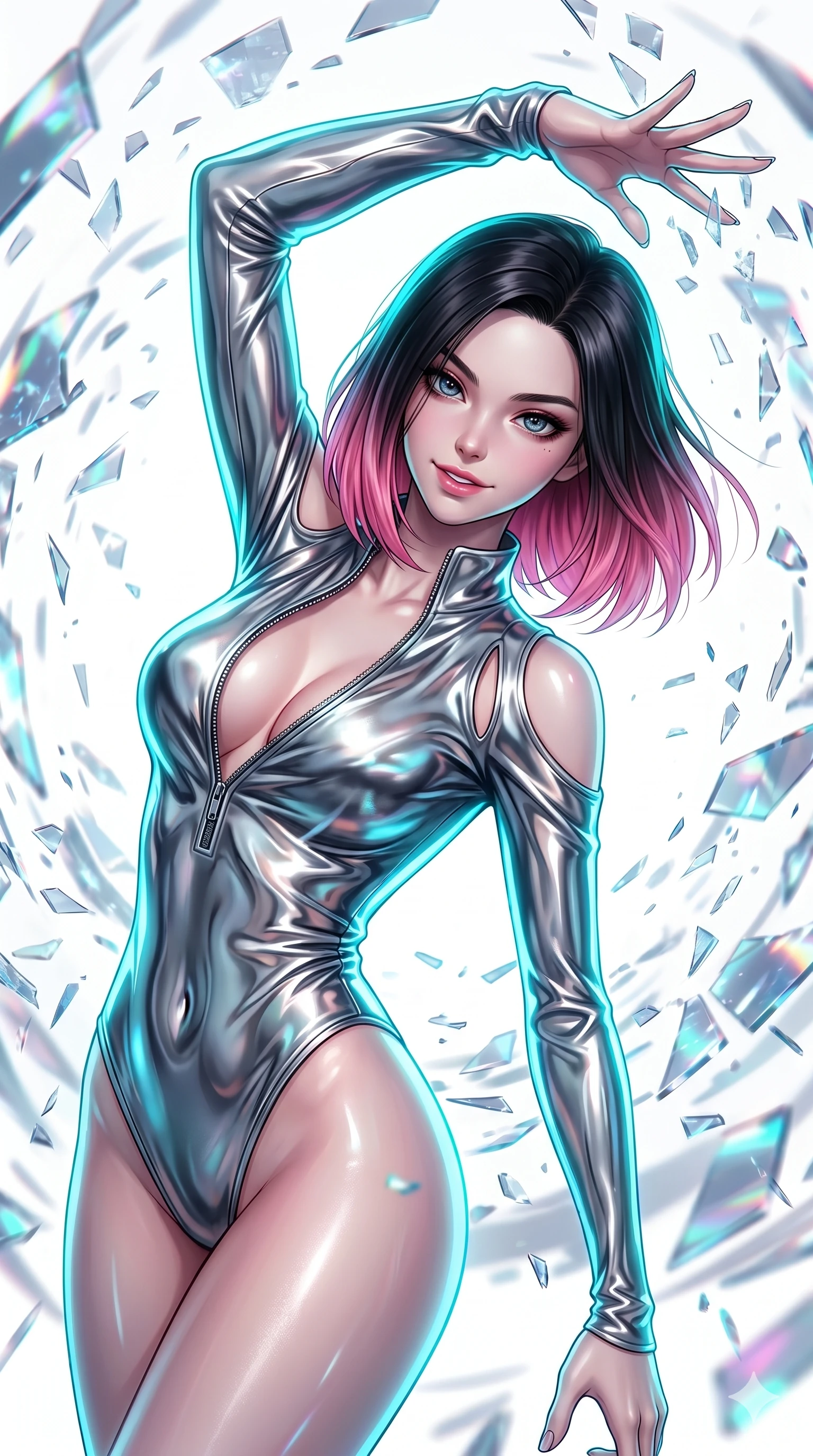 score_9, masterpiece, best quality, ultra-detailed, high-budget anime keyframe, Korean woman. Upper body close-up from the thighs up, character filling the screen for maximum presence. She is leaning back with a seductive, challenging smile amidst swirling holographic data shards in a brilliant white digital void. She stretches one arm overhead in a dynamic, fluid motion. She has an absolutely perfect 8-heads proportion, an exceptionally tall and slender female figure with impossibly long slender legs and an ultra-slim waist. V-shaped jawline, high-bridge nose, intricate jewel-like eyes with depth, thick eyelashes, glossy lips with a natural sheen. She is wearing a form-fitting top made of molten liquid-mercury fabric that clings to her curves, with strategic tear-drop shoulder cutouts and a dangerously unzipped front collar. The scene is illuminated by stark white key lights and a neon cyan rim light tracing her curves. 2k, ultra detail, master piece, 9:16 ratio