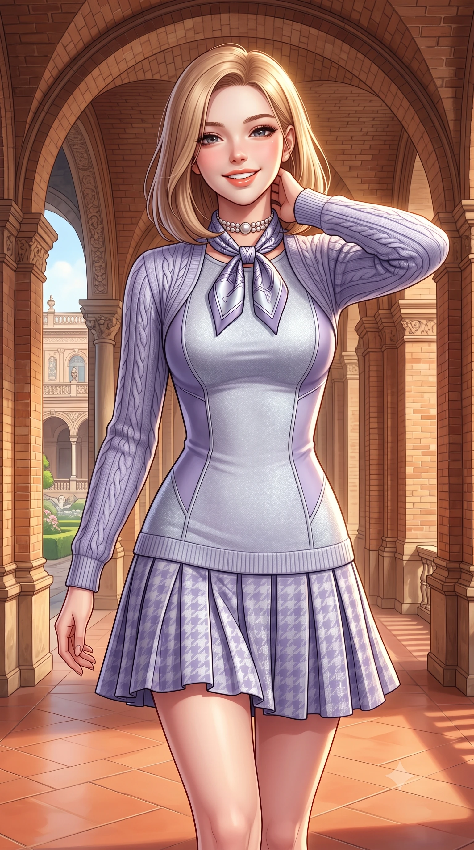 score_9, masterpiece, best quality, ultra-detailed, high-budget anime keyframe, semi-realistic 3D game render, editorial fashion photography, tasteful artistic composition, Korean woman. close-up cowboy shot from the waist and thighs up, the character dominates the composition, filling the frame with her large presence. resting one hand lightly behind her neck, arching her back with supermodel poise while beaming with an infectious radiant smile while walking along the sunny brick arched gallery, her wool pleated skirt swaying in graceful cadence with each step. The surrounding environment is rendered in vivid detail and crisp panoramic clarity: detailed cable-knit cashmere sweater ribbing, silk twilly neck scarf knot, and baroque palace garden craft in razor-sharp precision. She has an exceptionally elegant, slender, and willowy female figure with an ultra-slim waist, flat toned midriff, narrow ribcage, and sculpted feminine hips creating an alluring, slim hourglass silhouette without bulk. sharp v-shaped jawline, high-bridge nose, intricate jewel-like sparkling eyes with depth, thick eyelashes, glossy parted lips with a natural peach sheen, bright cheerful beaming smile with an enchanting and coquettish sensual glint, exuding both youthful cute charm and seductive allure, flawlessly proportioned anatomical accuracy, strict slender model proportions, natural body alignment, perfectly sculpted long slender limbs, ultra-slim waistline, clean dynamic posture without body distortion. wearing a sculpted double-faced wool knit dress with sleek architectural seam lines accentuating her flat midriff and feminine hips in frosted mountain lavender and shimmering ice silver, crafted from fluid liquid velvet offering rich tactile depth while adhering to her hourglass shape, complemented by an antique baroque pearl choker accentuating her delicate neck and collarbones, the body-conscious tailored knit hugging her sculpted torso and curvaceous hips in a seamless, fluid line that highlights her statuesque model proportions. illuminated by terracotta floor reflection fill and warm golden rim lights defining her delicate collar and willowy silhouette. highly saturated vibrant anime colors, detailed shading with soft gradients, rich glossy textures, high-contrast stereoscopic depth, volumetric dynamic lighting, master piece, 9:16 ratio