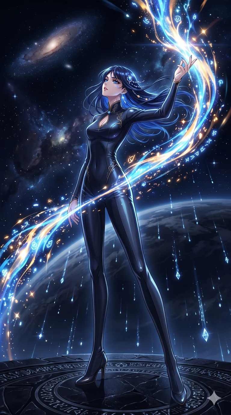 score_9, masterpiece, best quality, ultra-detailed, High-budget Anime Keyframe, vibrant colors, fluid line-art, expressive lighting, cinematic composition, Ufotable-style visual effects, top-tier animation quality, Japanese woman with delicate and elegant anime-inspired features. Low angle cowboy shot filling the entire 9:16 frame with her statuesque presence, looking up to emphasize her height. Guiding a stream of molten starlight through a dark, sound-sensitive void. She has an absolutely perfect 8-heads proportion, an exceptionally tall and slender female figure with impossibly long slender legs and an ultra-slim waist, her statuesque height and towering silhouette dominating the vertical 9:16 frame. Her face is a masterpiece featuring a sharp v-shaped jawline, high-bridge nose, intricate jewel-like eyes with depth, thick eyelashes, and glossy lips with a natural sheen. She is wearing a Sleek liquid-silk jumpsuit that clings to her frame, with a high collar and a small strategic teardrop cutout. The scene is set in a celestial terrace overlooking a planet where it rains liquid diamonds. 2k, ultra detail, master piece, 9:16 ratio