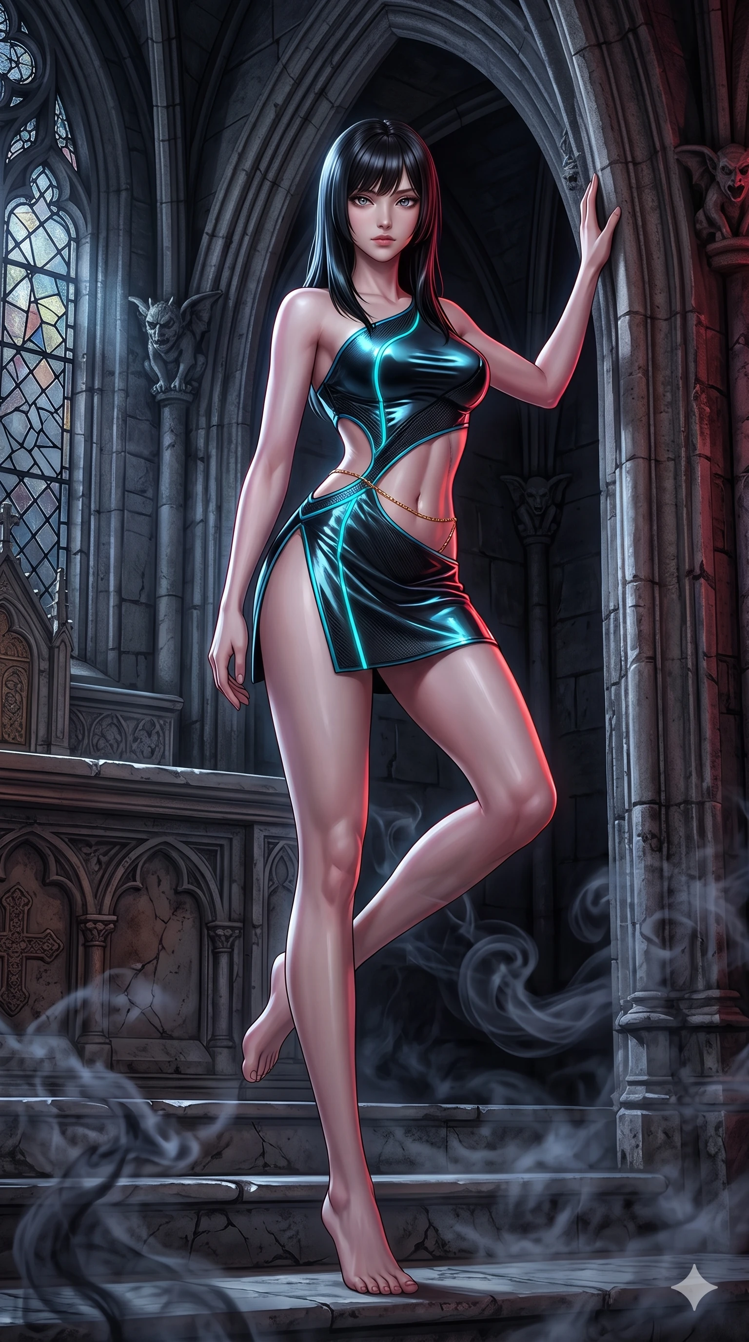 score_9, masterpiece, best quality, ultra-detailed, high-budget anime keyframe, semi-realistic 3D game render, editorial fashion photography, tasteful artistic composition, Caucasian woman. low angle full-body shot from head to toe showing her feet, filling the entire 9:16 vertical frame with her statuesque presence, stretching her vertical silhouette. standing tall beside the towering gothic arch, one hand resting high while arching her lower back to emphasize her sculpted feminine curves while perched on the carved altar steps with one knee drawn up, arching her spine with supermodel poise as dark incense swirls around her long legs. The surrounding environment is rendered in vivid detail and crisp panoramic clarity: sharp fractured stained-glass lead cames, carved stone gargoyle details, and cold marble altar step textures in deep focus. She has an absolutely perfect, statuesque 8.5-heads proportion, an exceptionally tall and slender model-like female figure with impossibly long slender legs, an ultra-slim waist, a flat toned midriff, narrow delicate ribcage, and beautifully sculpted feminine hips creating a graceful, slim hourglass silhouette without any bulky heaviness. sharp v-shaped jawline, high-bridge nose, intricate jewel-like dark sparkling eyes with hypnotic seductive depth, thick curled eyelashes, glossy parted lips with a natural wine sheen, alluring bedroom-eyes with an enigmatic smoldering smile, exuding magnetic sovereign charisma and dark avant-garde glamour, flawlessly proportioned anatomical accuracy, strict slender model proportions, natural body alignment, perfectly sculpted long slender limbs, ultra-slim waistline, clean dynamic posture without body distortion. wearing an asymmetric one-shoulder metallic patent leather mini dress with a dramatic side slit hugging her hips in neon cyan edge-glow and dark carbon black, woven from matte carbon-fiber weave with high-tech structural hold, accented with a dainty gold belly chain resting across her flat midriff and curving hips, contouring every curve with an exceptionally elegant silhouette and captivating allure. illuminated by moonlit altar marble bounce and sharp blood-ruby rim lights sculpting her razor-sharp jawline, narrow waist, and curvy hips. highly saturated vibrant anime colors, detailed shading with soft gradients, rich glossy textures, high-contrast stereoscopic depth, volumetric dynamic lighting, master piece, 9:16 ratio