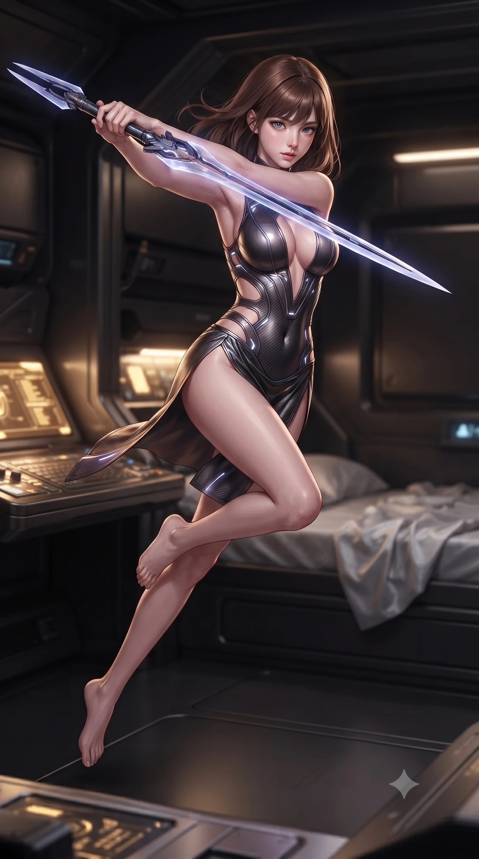 score_9, masterpiece, best quality, ultra-detailed, high-budget anime keyframe, editorial fashion photography, tasteful artistic composition, Korean woman. low angle full-body shot from head to toe showing her feet, filling the entire 9:16 vertical frame with her statuesque presence, stretching her vertical silhouette. leaping forward while slashing with a twin-bladed plasma sword in mid-air, her body-contouring suit showing her athletic silhouette, the background shows a soft-focus a private quarters aboard an interstellar singularity warship with dark carbon walls. She has an absolutely perfect, statuesque 8.5-heads proportion, an exceptionally tall and slender model-like female figure with impossibly long slender legs and an ultra-slim waist. sharp v-shaped jawline, high-bridge nose, intricate jewel-like eyes with depth, thick eyelashes, glossy lips with a natural sheen. wearing a body-hugging deep plunging-V neck bodycon armor top, featuring keyhole cutouts along the ribs and a thigh-slit wrap skirt. warm golden light from reading consoles casting cozy, intimate shadows on silk sheets. ultra-reflective glossy finish, specular highlights, metallic sheen, high-contrast stereoscopic depth, volumetric dynamic lighting, 2k, ultra detail, master piece, 9:16 ratio