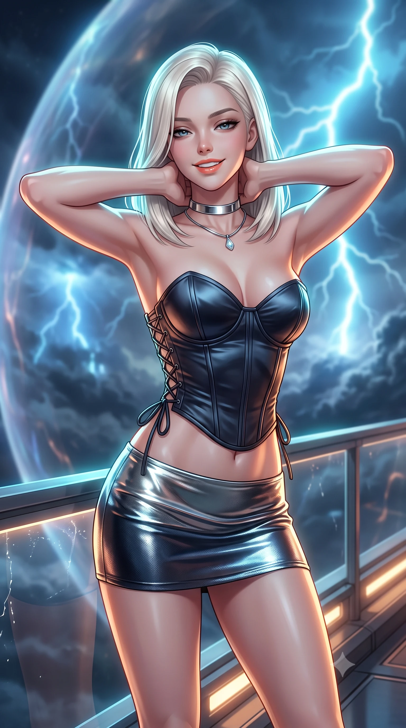 score_9, masterpiece, best quality, ultra-detailed, high-budget anime keyframe, semi-realistic 3D game render, editorial fashion photography, tasteful artistic composition, Caucasian woman. close-up cowboy shot from the waist and thighs up, the character dominates the composition, filling the frame with her large presence. resting both hands lightly behind her neck with elbows raised, arching her spine to highlight her narrow waist, flat midriff, and breathtaking collarbones while leaning against the plasma-shielded balcony with hips cocked back, watching colossal blue atmospheric lightning flashes with heavy-lidded bedroom-eyes. The background shows a soft-focus plasma shield shimmer softened in gas giant aerostat sanctuary shallow focus. She has an exceptionally elegant, slender, and willowy female figure with an ultra-slim waist, flat toned midriff, narrow ribcage, and sculpted feminine hips creating an alluring, slim hourglass silhouette without bulk. sharp v-shaped jawline, high-bridge nose, intricate jewel-like sparkling eyes with depth, thick eyelashes, glossy parted lips with a natural peach sheen, bright cheerful beaming smile with an enchanting and coquettish sensual glint, exuding both youthful cute charm and seductive allure, flawlessly proportioned anatomical accuracy, strict slender model proportions, natural body alignment, perfectly sculpted long slender limbs, ultra-slim waistline, clean dynamic posture without body distortion. wearing a sculpted satin cyber-corset with lace-up side ties paired with a low-rise micro skirt in liquid mercury chrome and deep midnight obsidian, crafted from stretch micro-mesh with liquid foil coating that shimmers with every movement, finished with a minimalist chrome choker and a single teardrop diamond pendant, the form-contouring silhouette accentuating her sculpted flat midriff, narrow delicate ribcage, and gracefully curvy hips with intoxicating allure. illuminated by deck reflection bounce and sharp cyan-white lightning rim lights defining her jawline, narrow waist, and curvy hips. highly saturated vibrant anime colors, detailed shading with soft gradients, rich glossy textures, high-contrast stereoscopic depth, volumetric dynamic lighting, master piece, 9:16 ratio