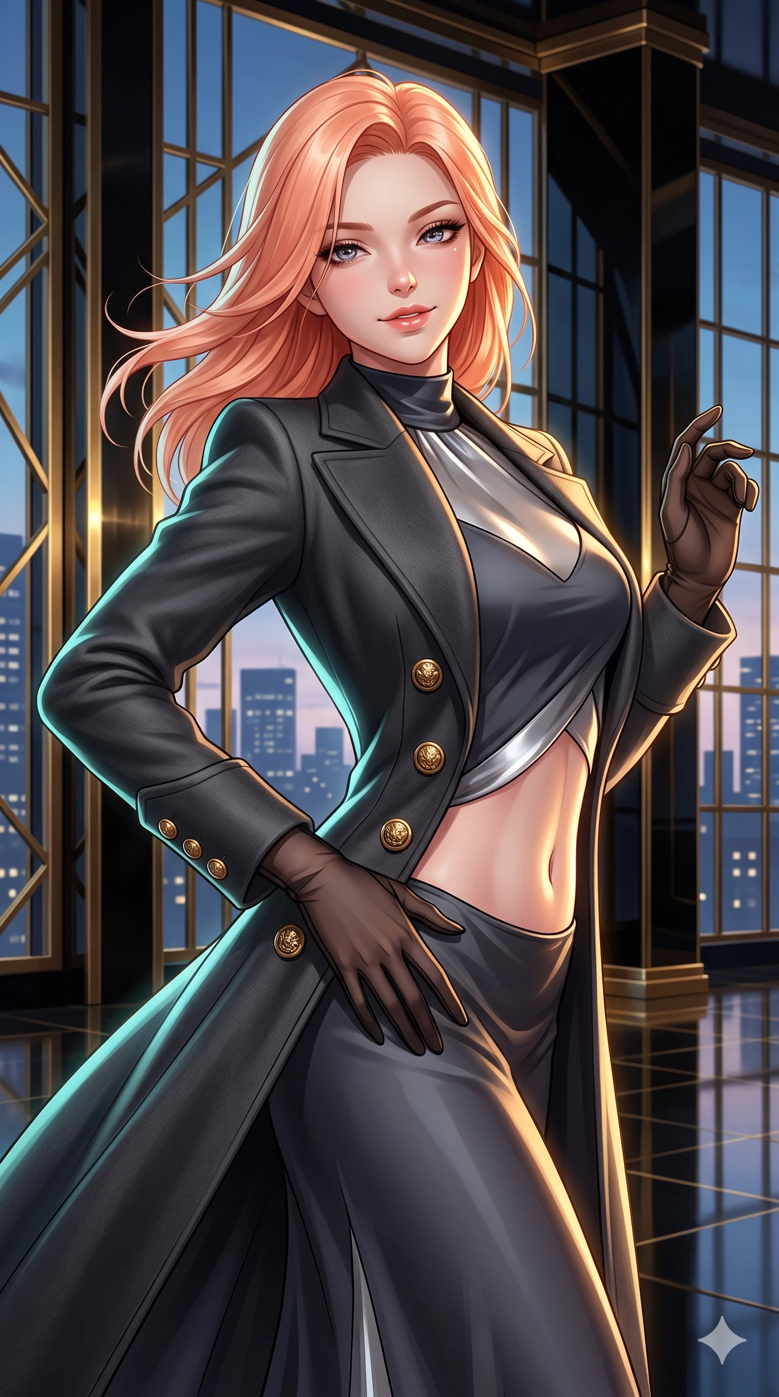 score_9, masterpiece, best quality, ultra-detailed, high-budget anime keyframe, semi-realistic 3D game render, editorial fashion photography, tasteful artistic composition, Japanese woman. close-up cowboy shot from the waist and thighs up, the character dominates the composition, filling the frame with her large presence. arching her spine backward with effortless dancer poise, one hand sliding along her hip line as directional light carves specular highlights along her silhouette while turning slowly with an enchanting smoldering smile, her glossy hair tossing in the breeze as her hips angle gracefully in a captivating contrapposto. The surrounding environment is rendered in vivid detail and crisp panoramic clarity: sharp geometric brass window grill bevels, mirror-polished black lacquer pillar reflections, and crisp skyline window grids in deep focus. She has an exceptionally elegant, slender, and willowy female figure with an ultra-slim waist, flat toned midriff, narrow ribcage, and sculpted feminine hips creating an alluring, slim hourglass silhouette without bulk. sharp v-shaped jawline, high-bridge nose, intricate jewel-like sparkling eyes with depth, thick eyelashes, glossy parted lips with a natural sheen, intensely captivating and seductive bedroom-eyes expression, exuding both youthful cute charm and sovereign luxury allure, flawlessly proportioned anatomical accuracy, strict slender model proportions, natural body alignment, perfectly sculpted long slender limbs, ultra-slim waistline, clean dynamic posture without body distortion. wearing a structured Belle Époque cashmere opera greatcoat with polished brass crest buttons layered over a high-neck slip in charcoal grey and polished chrome, crafted from bespoke double-faced cashmere with an exceptionally soft tactile finish, complemented by sheer opera-length evening gloves tracing her slender arms, the impeccably tailored cut draping gracefully along her slender figure with aristocratic poise. illuminated by floor reflections and sharp gold-cyan rim lights defining her razor-sharp jawline, narrow waist, and curvy hips. highly saturated vibrant anime colors, detailed shading with soft gradients, rich glossy textures, high-contrast stereoscopic depth, volumetric dynamic lighting, master piece, 9:16 ratio