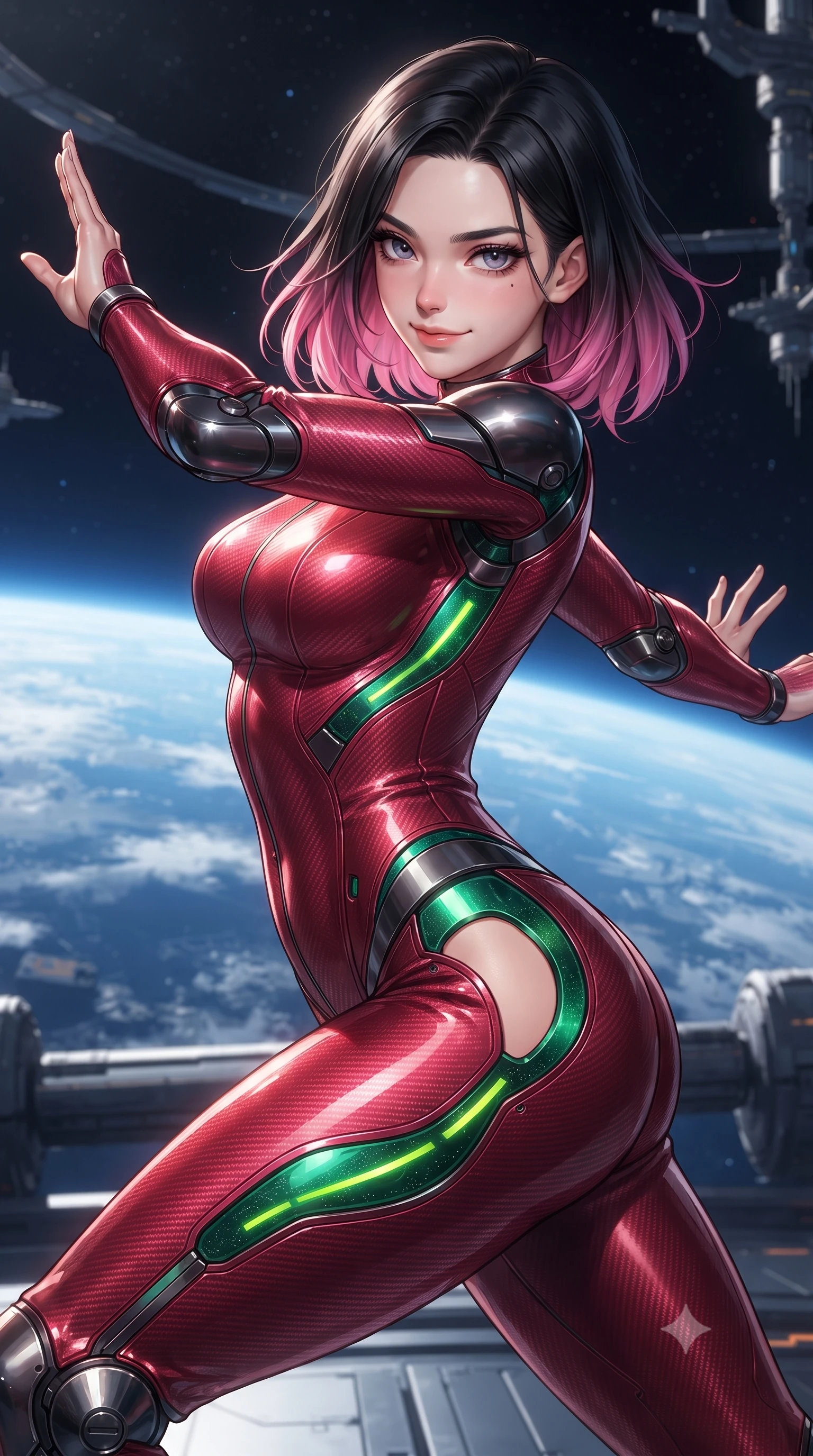score_9, masterpiece, best quality, ultra-detailed, high-budget anime keyframe, editorial fashion photography, tasteful artistic composition, Korean woman. close-up cowboy shot from the waist and thighs up, the character dominates the composition, filling the frame with her large presence. resting one hand in a defensive deflective posture while glancing over her shoulder with thick eyelashes and a confident, smoldering combat half-smile while arching her back gracefully in zero-gravity with arms outstretched in fluid kinetic tension as solar rays trace her torso. The surrounding environment is rendered in vivid detail and crisp panoramic clarity. dramatic orbital chiaroscuro and transcendent high-altitude martial arts architecture in panoramic precision. She has an exceptionally elegant, slender, and willowy female figure with an ultra-slim waist, a gracefully sculpted slender torso, toned flat midriff, and a refined slim silhouette. sharp v-shaped jawline, high-bridge nose, intricate jewel-like eyes with depth, thick eyelashes, glossy lips with a natural sheen, flawlessly proportioned anatomical accuracy, strict slender model proportions, natural body alignment, perfectly sculpted long slender limbs, ultra-slim waistline, clean dynamic posture without body distortion. wearing a skin-tight crimson carbon-weave battle-suit with metallic dark chrome elbow dampers and hip-accentuating cutouts in emerald green carbon composite with glowing lime laser channels, tailored from flexible second-skin carbon-mesh that clings flawlessly to her athletic curves, detailed with magnetic knuckle shock-absorbers and polished chrome articulation joints, the sleek second-skin cut tightly hugging her graceful clavicle, narrow waist, and feminine curves with athletic precision. bathed in dazzling natural orbital sunlight and rich blue planetary ambient bounce light. ultra-reflective glossy finish, specular highlights, dark metallic sheen, high-contrast stereoscopic depth, volumetric dynamic lighting, 2k, ultra detail, master piece, 9:16 ratio