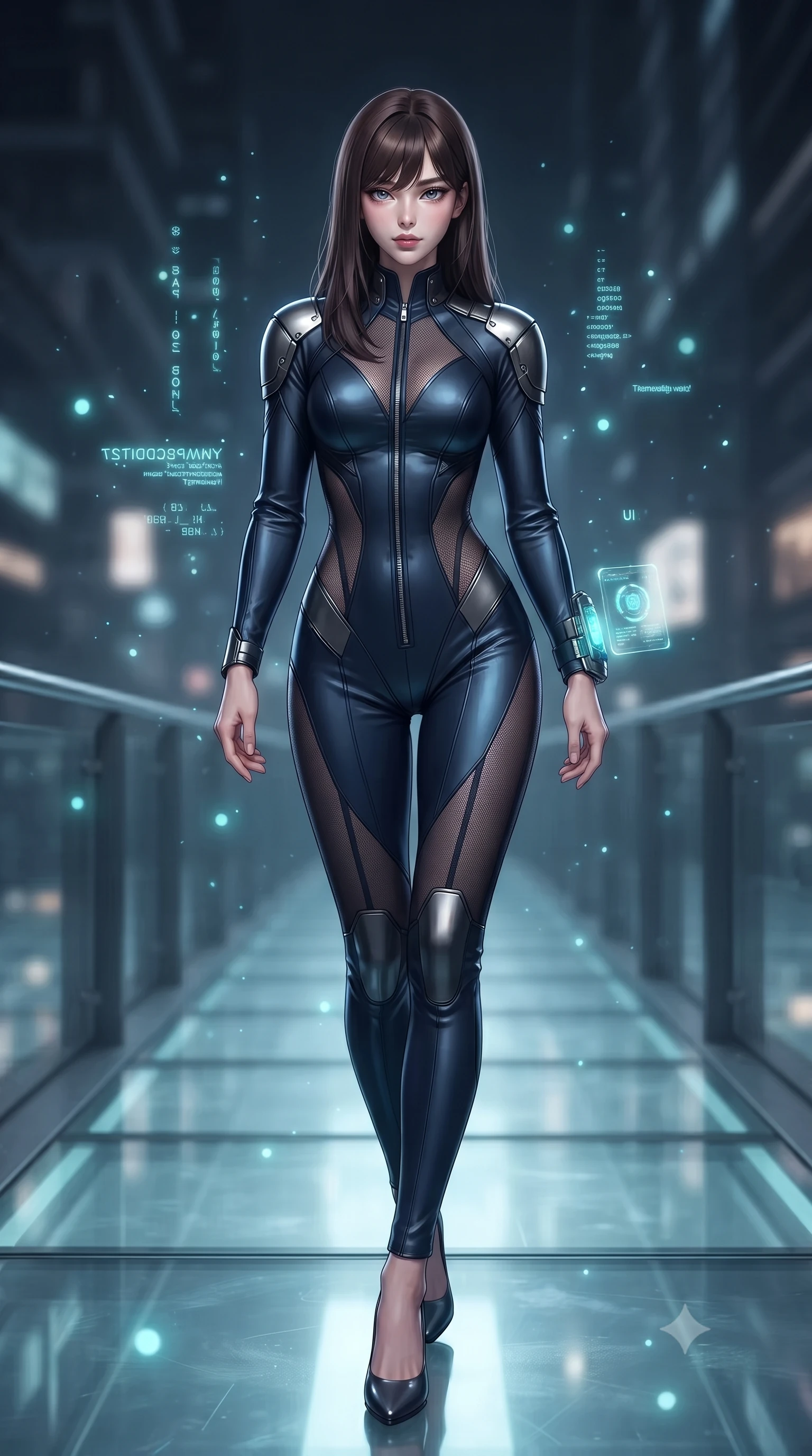 score_9, masterpiece, best quality, ultra-detailed, high-budget anime keyframe, editorial fashion photography, tasteful artistic composition, Korean woman. low angle full-body shot from head to toe showing her feet, filling the entire 9:16 vertical frame with her statuesque presence, stretching her vertical silhouette. standing poised with one hip cocked in an alluring high-fashion pose, her tall 8.5-heads proportions dominating the scene while striding across the luminous glass walkway with silent tactical footsteps and authoritative commander presence. The composition keeps background elements in soft focus with creamy bokeh. glowing holographic code glyphs and UI particles scattering soft cyan light motes around her. She has an absolutely perfect, statuesque 8.5-heads proportion, an exceptionally tall and slender model-like female figure with impossibly long slender legs, a toned flat midriff, and an ultra-slim waist. sharp v-shaped jawline, high-bridge nose, intricate jewel-like eyes with depth, thick eyelashes, glossy lips with a natural sheen, captivating and magnetic expression, flawlessly proportioned anatomical accuracy, strict slender model proportions, natural body alignment, perfectly sculpted long slender limbs, ultra-slim waistline, clean dynamic posture without body distortion. wearing a high-mobility tactical jumpsuit featuring sheer contouring mesh panels and reinforced shoulders in deep midnight blue and brushed gunmetal, tailored from fluid silk crepe with inner ballistic reinforcement, equipped with a wrist-mounted miniature holographic display terminal, the liquid-tight tailored fabric emphasizing every curve of her tall, slender model proportions and sculptured silhouette during dynamic movement. illuminated by crisp directional key light defining her razor-sharp jawline, eyes, and slender curves. ultra-reflective glossy finish, specular highlights, rich textural contrasts, high-contrast stereoscopic depth, volumetric dynamic lighting, 2k, ultra detail, master piece, 9:16 ratio