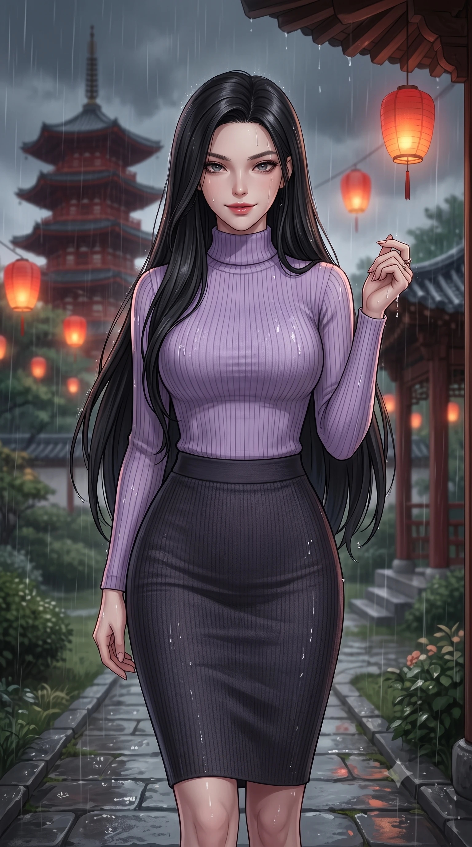 score_9, masterpiece, best quality, ultra-detailed, high-budget anime keyframe, editorial fashion photography, tasteful artistic composition, Korean woman. close-up cowboy shot from the waist and thighs up, the character dominates the composition, filling the frame with her large presence, background elements kept in soft focus. Exhibiting a confident, playful smirk directly into the camera. set against a soft-focus background of on a stone path of a garden during a heavy warm summer rain shower, looking at a tall red wooden pagoda with floating red paper lanterns. She has an exceptionally elegant, slender, and willowy female figure with a highly-defined ultra-slim waist, a gracefully sculpted slender torso, and a refined slim-fit silhouette that contours her form. sharp v-shaped jawline, high-bridge nose, intricate jewel-like eyes with depth, thick eyelashes, glossy lips with a natural sheen. wearing a high-neck ribbed knit top in lavender, paired with a matching form-fitting knit pencil skirt in deep charcoal. warm orange glow from the paper lanterns contrasting with the cool, dark grey rain-swept sky. 2k, ultra detail, master piece, 9:16 ratio