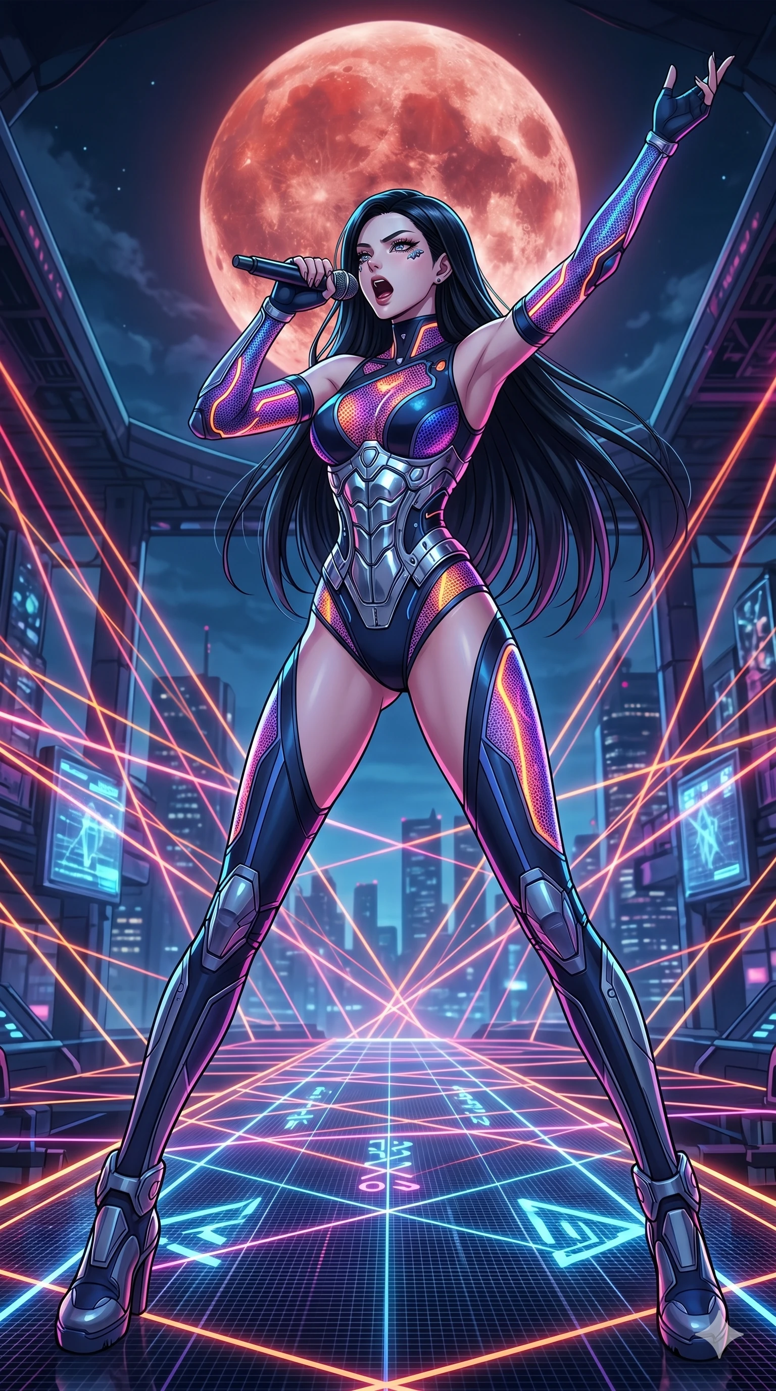 score_9, masterpiece, best quality, ultra-detailed, high-budget anime movie keyframe, cinematic anime lighting, intricate line art, Caucasian (strictly human ears) anime girl. Dynamic full-body shot stretching the vertical silhouette across the 9:16 frame. singing on a laser stage in a cyber-temple in Neo-Tokyo under a blood moon. She has an absolutely perfect 8-heads proportion, an exceptionally tall and slender female figure with an ultra-slim waist and impossibly long slender legs. sharp v-shaped jawline, high-bridge nose, intricate jewel-like eyes, thick eyelashes, glossy lips. Wearing asymmetrical high-cut tech-bodysuit with detached glowing sleeves, chrome-plated mechanical corset, and bioluminescent mesh panels clinging to her slender figure. The scene is illuminated by dramatic atmospheric lighting and vibrant color palettes. 2k, ultra detail, master piece, 9:16 ratio
