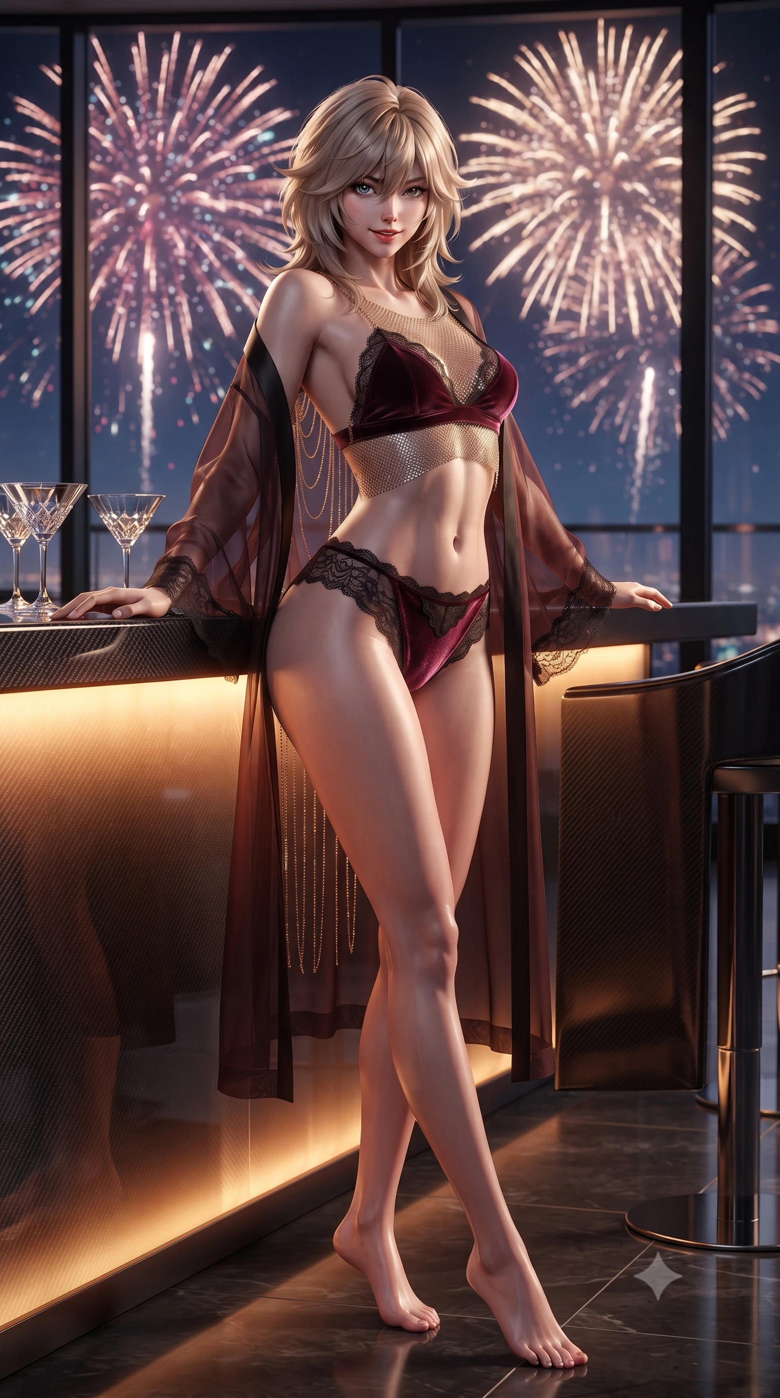 score_9, masterpiece, best quality, ultra-detailed, high-budget anime keyframe, editorial fashion photography, tasteful artistic composition, Japanese woman. low angle full-body shot from head to toe showing her feet, filling the entire 9:16 vertical frame with her statuesque presence, stretching her vertical silhouette. lounging on the lavish daybed with legs crossed and hips angled toward the camera, displaying her toned midriff and long slender limbs with effortless siren poise while standing poised beside the illuminated high-gloss carbon-fiber bar counter, arching her lower back with sovereign VIP celebration glamour. The surrounding environment is rendered in vivid detail and crisp panoramic clarity: sharp carbon-fiber bar top weave, crystal cocktail glass facets, and exploding firework particle trails in deep focus. She has an absolutely perfect, statuesque 8.5-heads proportion, an exceptionally tall and slender model-like female figure with impossibly long slender legs, an ultra-slim waist, a flat toned midriff, narrow delicate ribcage, and beautifully sculpted feminine hips creating a graceful, slim hourglass silhouette without any bulky heaviness. sharp v-shaped jawline, high-bridge nose, sparkling eyes with hypnotic seductive depth, thick curled eyelashes, glossy parted lips with a natural dewy peach sheen, alluring bedroom-eyes with an enchanting coquettish smile, exuding magnetic siren charisma and sophisticated glamour, flawlessly proportioned anatomical accuracy, strict slender model proportions, natural body alignment, perfectly sculpted long slender limbs, ultra-slim waistline, clean dynamic posture without body distortion. wearing a sheer organza kimono robe worn loose and slipping off bare shoulders over a matching satin bralette and high-waisted briefs in deep bordeaux velvet and delicate black chantilly, crafted from shimmering fluid chainmail mesh reflecting ambient lights, accented with an open-back drape framed by falling strands of delicate gold chains, the precision-cut side openings and low-back scoop framing her graceful spine and the sensual sweep of her slim, toned hips. bathed in dynamic multi-color light flashes from fireworks overhead mixed with warm amber bar counter glow. ultra-reflective glossy finish, specular highlights, rich textural contrasts, high-contrast stereoscopic depth, volumetric dynamic lighting, 2k, ultra detail, master piece, 9:16 ratio
