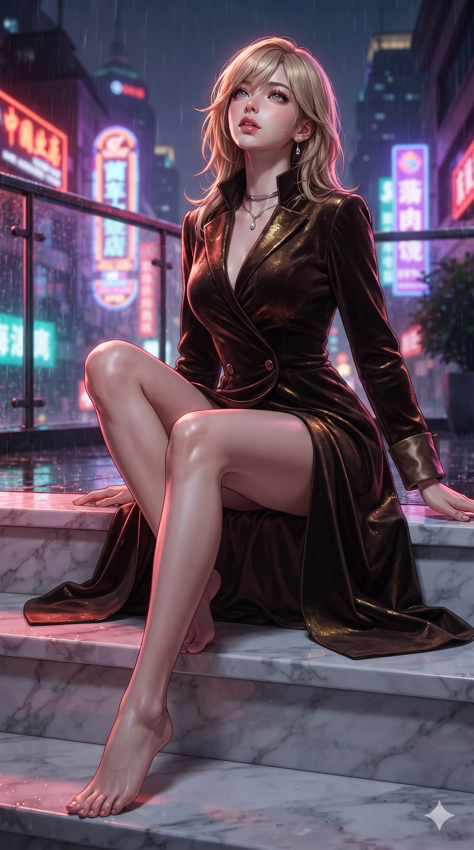 score_9, masterpiece, best quality, ultra-detailed, high-budget anime keyframe, editorial fashion photography, tasteful artistic composition, Japanese woman. low angle full-body shot from head to toe showing her feet, filling the entire 9:16 vertical frame with her statuesque presence, stretching her vertical silhouette. sitting poised on the Carrara marble steps with one knee bent, arching her spine with supermodel elegance as she glances upward through thick eyelashes while twisting her slender torso in an alluring contrapposto, vibrant scarlet and violet billboard reflections tracing her flat midriff and hourglass curves. The background shows a soft-focus rain-slicked urban night atmosphere softened in Shanghai rooftop balcony shallow focus. She has an exceptionally tall and slender model-like 8.5-heads proportion, an ultra-slim waist, a flat toned midriff, narrow delicate ribcage, and beautifully sculpted feminine hips creating a graceful, slim hourglass silhouette without any bulky heaviness, with impossibly long slender legs. sharp v-shaped jawline, high-bridge nose, intricate jewel-like sparkling eyes with depth, thick eyelashes, glossy parted lips with a natural sheen, intensely captivating and seductive bedroom-eyes expression, exuding both youthful cute charm and sovereign luxury allure, flawlessly proportioned anatomical accuracy, strict slender model proportions, natural body alignment, perfectly sculpted long slender limbs, ultra-slim waistline, clean dynamic posture without body distortion. wearing a tailored high-collar velvet evening coat dress with structural waist cinching and satin cuff accents in dark espresso brown and molten gold foil, woven from high-density tech-wool with subtle metallic thread weave, finished with a minimalist chrome choker and a single teardrop diamond pendant, the impeccably tailored cut draping gracefully along her slender figure with aristocratic poise. bathed in the intense, high-saturation glow of multi-colored neon signage reflecting off wet surfaces. ultra-reflective glossy finish, specular highlights, rich textural contrasts, high-contrast stereoscopic depth, volumetric dynamic lighting, 2k, ultra detail, master piece, 9:16 ratio