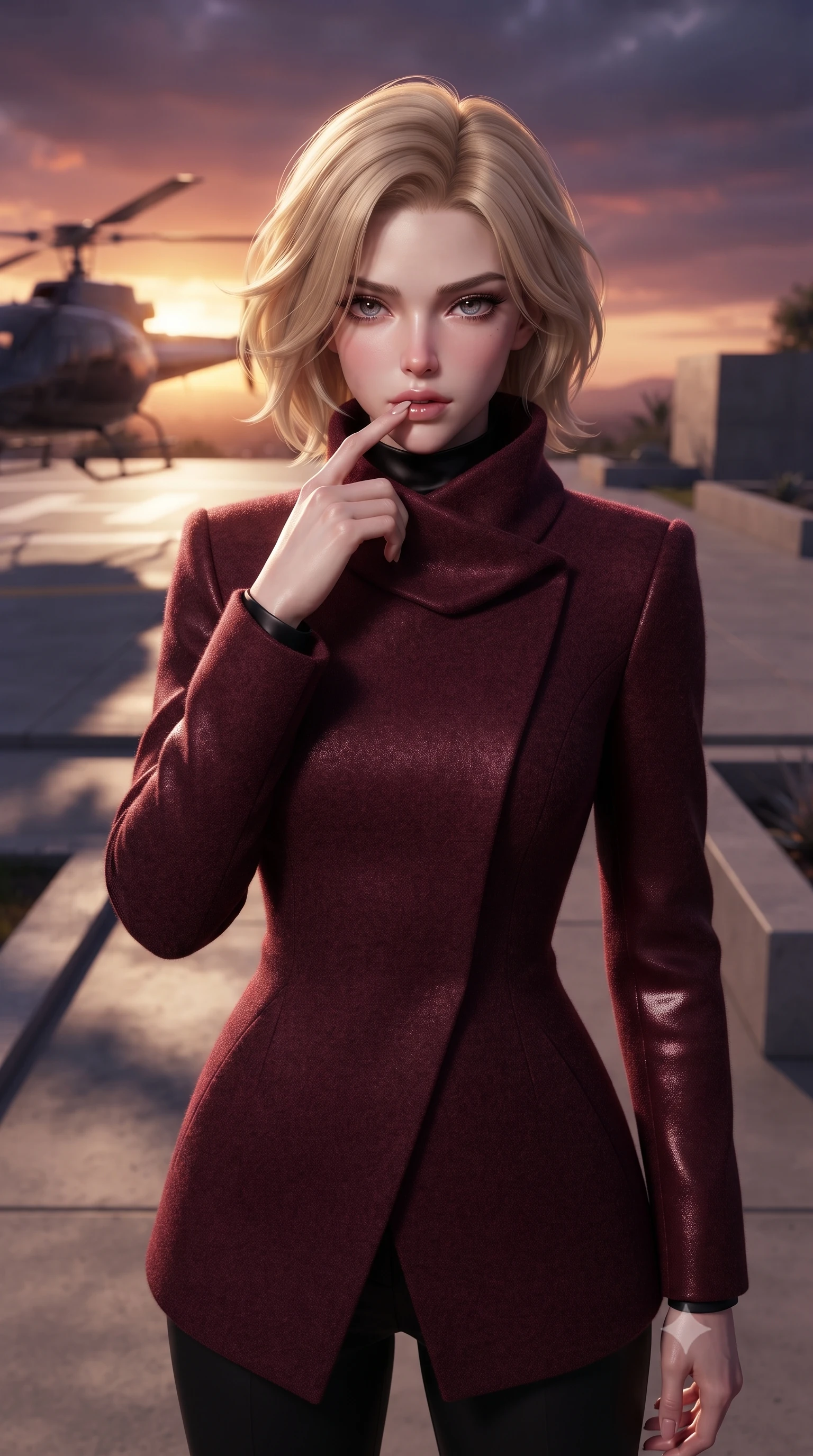 score_9, masterpiece, best quality, ultra-detailed, high-budget anime keyframe, editorial fashion photography, tasteful artistic composition, Caucasian woman. close-up cowboy shot from the waist and thighs up, the character dominates the composition, filling the frame with her large presence, background elements kept in soft focus. pressing one finger to her bottom lip in a thoughtful, seductive gesture under the warm sun the background shows a soft-focus a modern villa driveway with a helipad and minimalist concrete landscaping. She has an exceptionally elegant, slender, and willowy female figure with an ultra-slim waist, a gracefully sculpted slender torso, and a refined silhouette. sharp v-shaped jawline, high-bridge nose, intricate jewel-like eyes with depth, thick eyelashes, glossy lips with a natural sheen. wearing a tailored tailored asymmetric jacket in deep burgundy wool with a high wrap collar, over a black silk mock-neck blouse. the dramatic orange glow of a sunset casting long shadows of the helicopter. ultra-reflective glossy finish, specular highlights, metallic sheen, high-contrast stereoscopic depth, volumetric dynamic lighting, 2k, ultra detail, master piece, 9:16 ratio