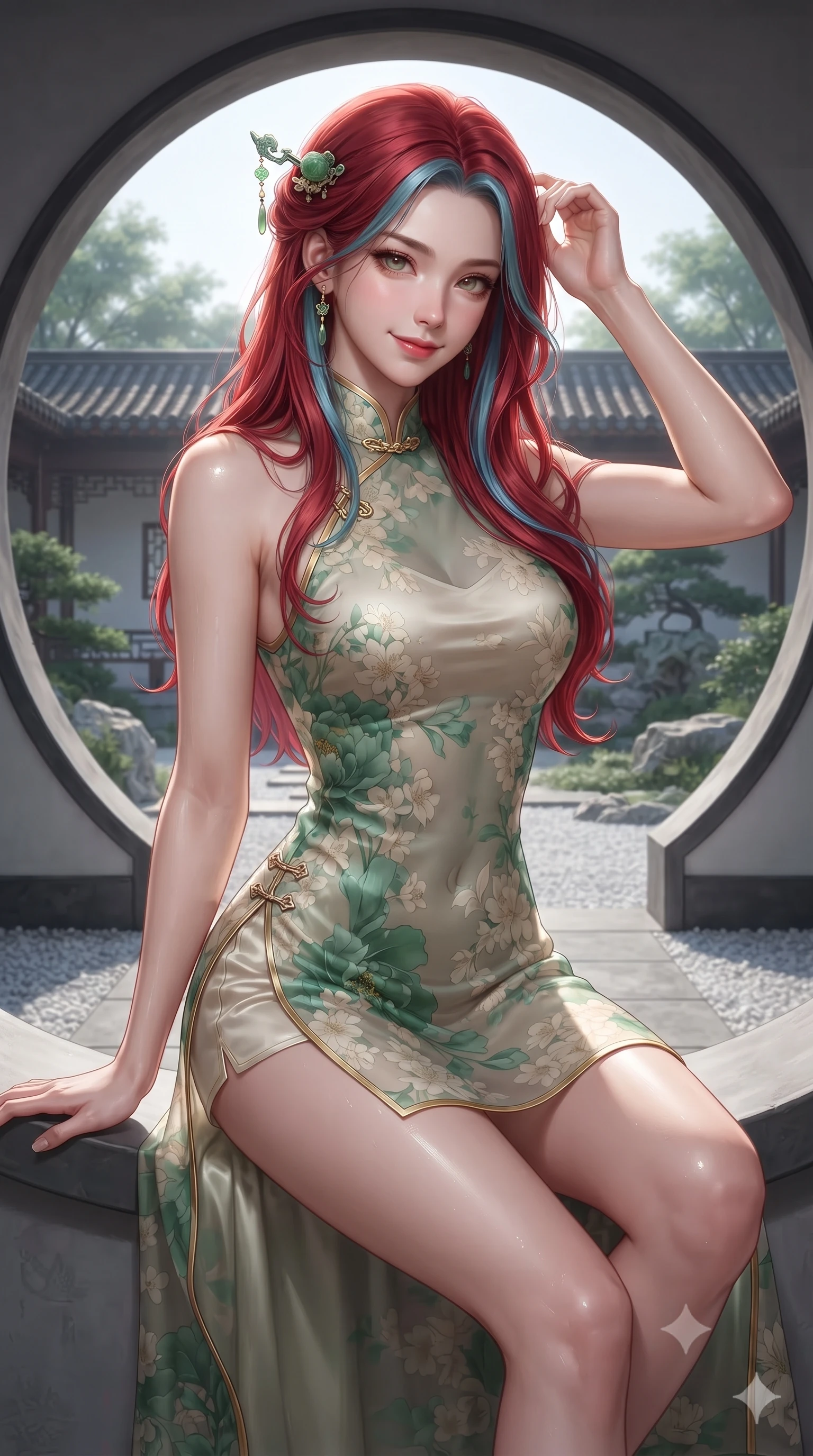 score_9, masterpiece, best quality, ultra-detailed, high-budget anime keyframe, editorial fashion photography, tasteful artistic composition, Caucasian woman. close-up cowboy shot from the waist and thighs up, the character dominates the composition, filling the frame with her large presence. tilting her head with an alluring smile while arching her spine with dancer poise, one hand touching her ornate jade hairpin in a flirtatious S-curve while sitting gracefully in the center of a large circular moon-gate stone opening, arching her lower back in an iconic silhouette against the garden. The surrounding environment is rendered in vivid detail and crisp panoramic clarity: detailed raw silk fabric sheen, moonlight specular highlights on skin, and classical Zen temple architecture in razor-sharp precision. She has an exceptionally elegant, slender, and willowy female figure with an ultra-slim waist, flat toned midriff, narrow ribcage, and sculpted feminine hips creating an alluring, slim hourglass silhouette without bulk. sharp v-shaped jawline, high-bridge nose, intricate jewel-like dark sparkling almond eyes with depth, thick lashes, glossy parted lips with a natural rose-plum sheen, bright alluring and coquettish smile with bedroom-eyes, exuding both timeless oriental elegance and sovereign high-fashion allure, flawlessly proportioned anatomical accuracy, strict slender model proportions, natural body alignment, perfectly sculpted long slender limbs, ultra-slim waistline, clean dynamic posture without body distortion. wearing a delicate semi-sheer floral chiffon kaftan slip dress layered over a matching silk slip, accentuating her slender waist and hips in fresh bamboo emerald and soft oatmeal cream, crafted from heavy fluid silk satin with a liquid mirror-like sheen, finished with sharp laser-cut side hip slits framed by gold piping, the high-waisted wrap tailoring accentuating her ultra-slim waistline and the enchanting curve of her feminine hips with alluring oriental charm. illuminated by white gravel bounce fill and sharp crystalline platinum rim lighting sculpting her razor-sharp jawline, narrow waist, and curvy hips. ultra-reflective glossy finish, specular highlights, rich textural contrasts, high-contrast stereoscopic depth, volumetric dynamic lighting, 2k, ultra detail, master piece, 9:16 ratio