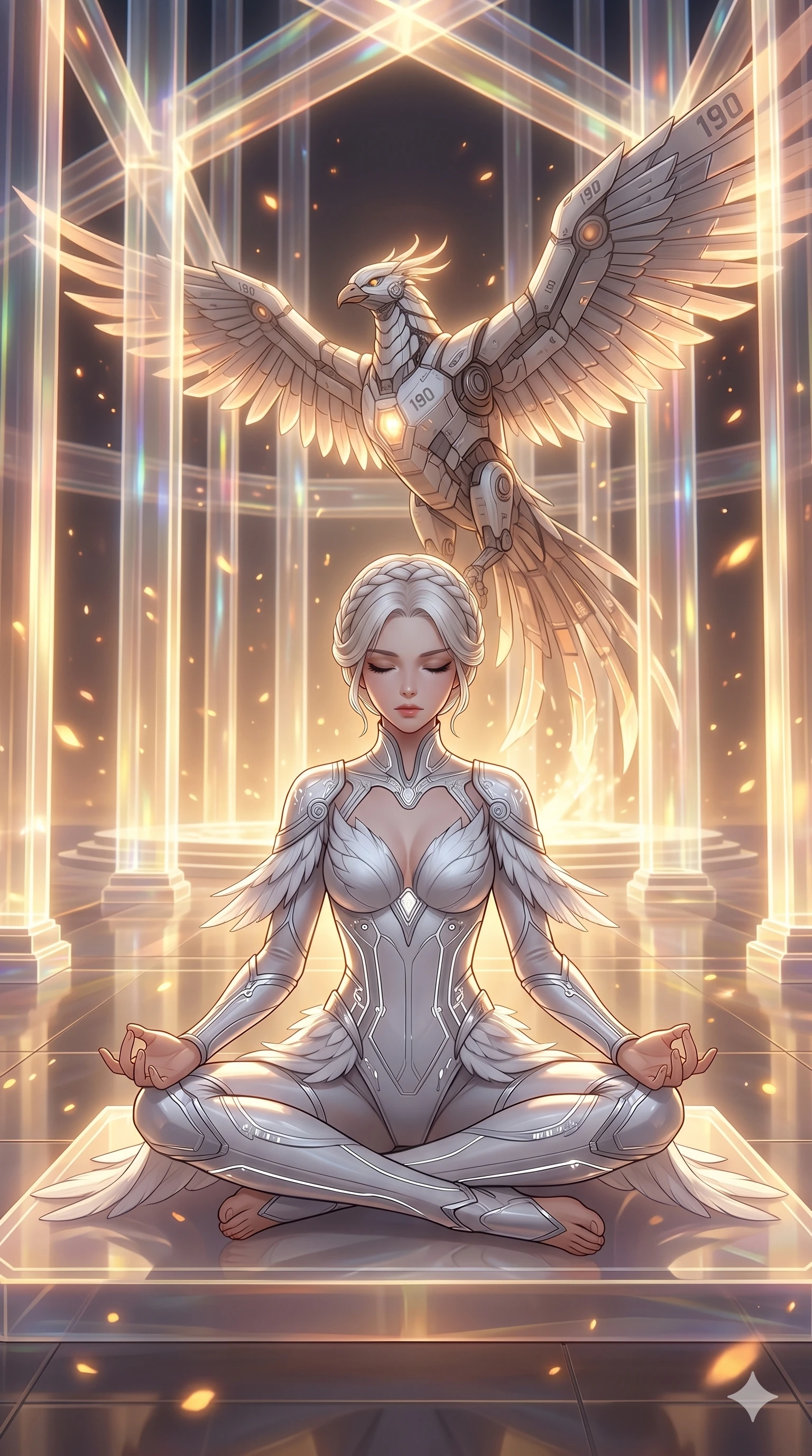 score_9, masterpiece, best quality, ultra-detailed, Set A: High-budget Anime Keyframe, Japanese woman. Low angle cowboy shot filling the entire 9:16 frame with her statuesque presence. Theme: Ethereal Dream. meditating in a temple made of solid light, while a mechanical phoenix rises in the background marked 190. The atmosphere is filled with golden hour with floating embers. She has an absolutely perfect 8-heads proportion, an exceptionally tall and slender female figure with impossibly long slender legs and an ultra-slim waist. Sharp v-shaped jawline, high-bridge nose, intricate jewel-like eyes with depth, glossy lips. Wearing Elegant swan-inspired tech-outfit with white feathers and glowing silver accents. Cinematic lighting, vivid colors, dramatic shadows, 2k, ultra detail, master piece, 9:16 ratio