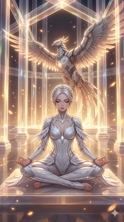 score_9, masterpiece, best quality, ultra-detailed, Set A: High-budget Anime Keyframe, Japanese woman. Low angle cowboy shot filling the entire 9:16 frame with her statuesque presence. Theme: Ethereal Dream. meditating in a temple made of solid light