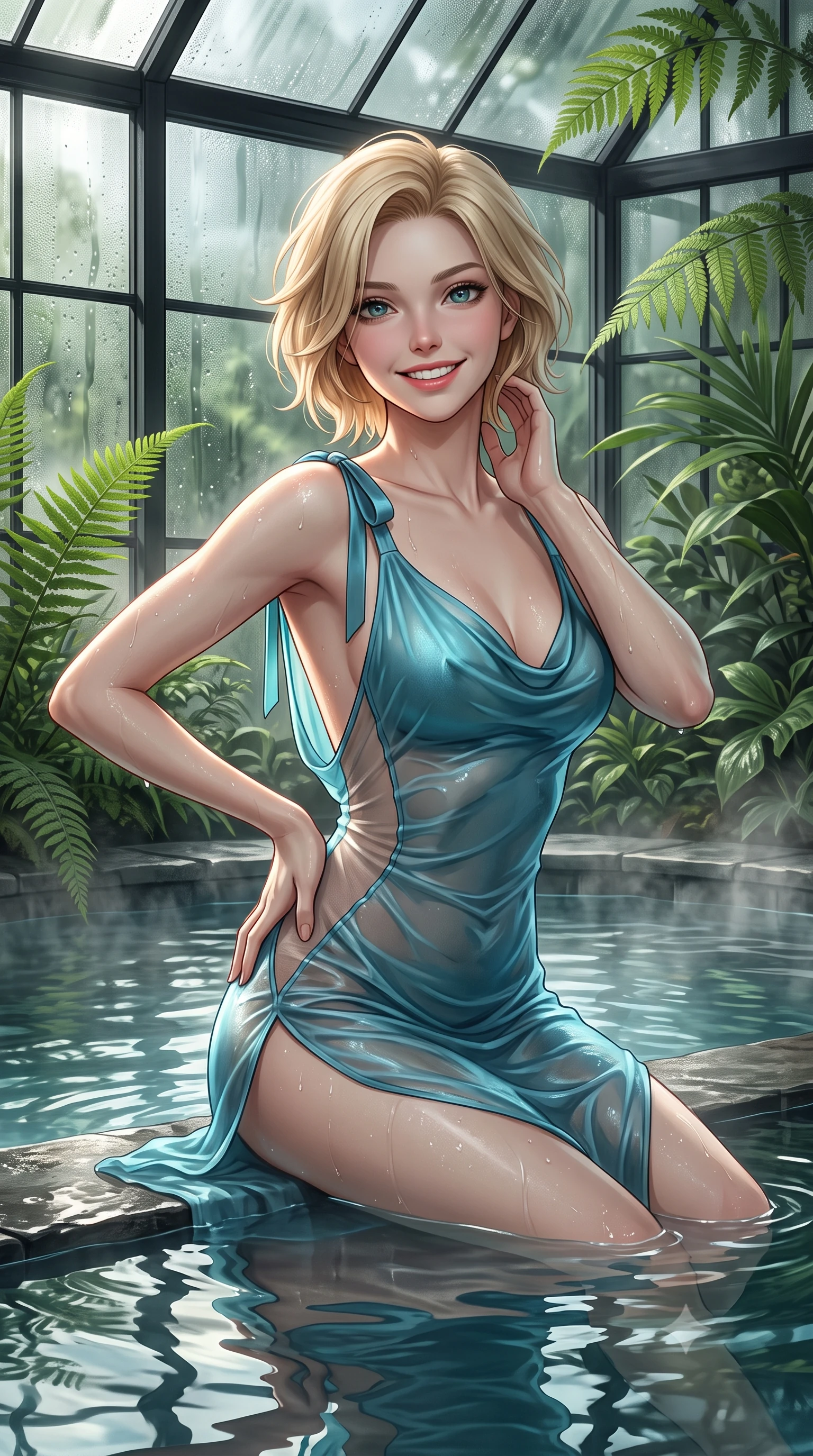 score_9, masterpiece, best quality, ultra-detailed, high-budget anime keyframe, editorial fashion photography, tasteful artistic composition, Caucasian woman. close-up cowboy shot from the waist and thighs up, the character dominates the composition, filling the frame with her large presence. twisting her slender torso in an alluring contrapposto stance, one hand resting on her sculpted hip while her fingers toy with her hair with effortless poise while sitting gracefully on the submerged pool seat with water lapping at her waist, running one manicured hand slowly down her neck with magnetic poise. The surrounding environment is rendered in vivid detail and crisp panoramic clarity: sharp black iron greenhouse frame mullions, exotic fern frond veins, and water droplet condensation beads on glass in deep focus. She has an exceptionally elegant, slender, and willowy female figure with an ultra-slim waist, flat toned midriff, narrow ribcage, and sculpted feminine hips creating an alluring, slim hourglass silhouette without bulk. sharp v-shaped jawline, high-bridge nose, intricate jewel-like sparkling eyes with depth, thick eyelashes, glossy parted lips with a natural peach sheen, bright cheerful beaming smile with an enchanting and coquettish sensual glint, exuding both youthful cute charm and seductive allure, flawlessly proportioned anatomical accuracy, strict slender model proportions, natural body alignment, perfectly sculpted long slender limbs, ultra-slim waistline, clean dynamic posture without body distortion. wearing a form-contouring gossamer silk chiffon slip dress with a hip-high slit and open cowl back clinging with dewy moisture in Icelandic geothermal cyan and volcanic basalt obsidian, featuring strategic sheer-illusion tulle side panels framing her ribcage and hips, finished with satin ribbon ties at the shoulders fluttering in the gentle breeze, the second-skin tailored fabric adhering flawlessly to her sculpted flat midriff and slender torso, emphasizing her long leg lines and perfectly proportioned willowy build. illuminated by mineral pool specular bounce and sharp gold-cyan dual rim lights sculpting her jawline, narrow waist, and curvy hips. ultra-reflective glossy finish, specular highlights, rich textural contrasts, high-contrast stereoscopic depth, volumetric dynamic lighting, 2k, ultra detail, master piece, 9:16 ratio