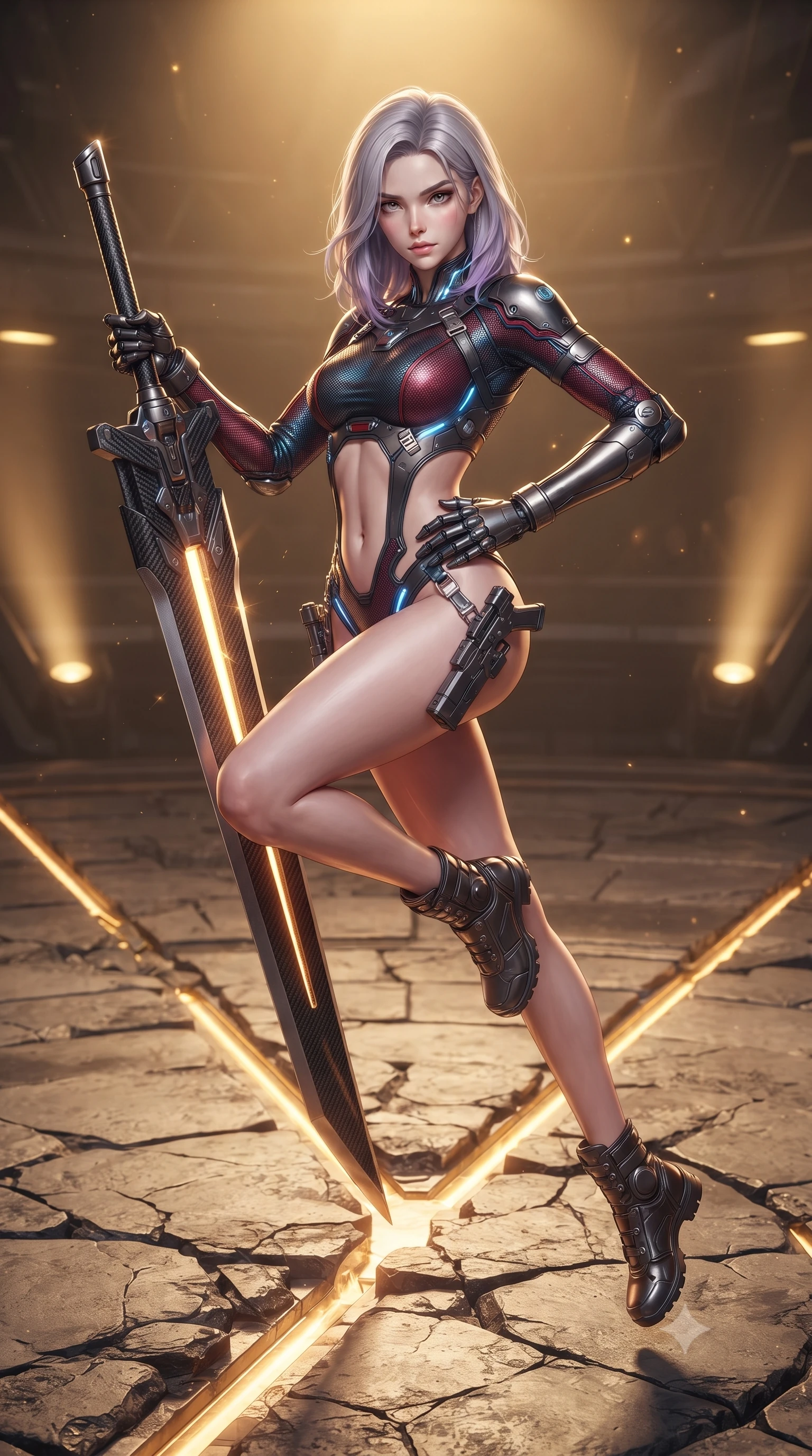 score_9, masterpiece, best quality, ultra-detailed, high-budget anime keyframe, editorial fashion photography, tasteful artistic composition, Caucasian woman. low angle full-body shot from head to toe showing her feet, filling the entire 9:16 vertical frame with her statuesque presence, stretching her vertical silhouette. performing an alluring mid-air combat landing with flawless poise, looking directly into the camera with regal, deadly intensity while resting one hand on her slender hip while looking down the edge of her massive weapon with haughty, captivating allure. The surrounding environment is rendered in vivid detail and crisp panoramic clarity. detailed carbon-composite sword fuller weave, glowing golden power conduits, and cracked arena stone in deep focus. She has an absolutely perfect, statuesque 8.5-heads proportion, an exceptionally tall and slender model-like female figure with impossibly long slender legs, a toned flat midriff, and an ultra-slim waist. sharp v-shaped jawline, high-bridge nose, intricate jewel-like eyes with depth, thick eyelashes, glossy lips with a natural sheen, flawlessly proportioned anatomical accuracy, strict slender model proportions, natural body alignment, perfectly sculpted long slender limbs, ultra-slim waistline, clean dynamic posture without body distortion. wearing an aerodynamic dark titanium carbon-mesh jumper with glowing blue fiber lines, holding twin chrome vibro-daggers with deadly supermodel poise in deep crimson carbon weave with specular dark chrome accents, made of liquid carbon-jersey fabric adhering flawlessly to her sculpted silhouette, detailed with magnetic weapon holsters and polished chrome connection clasps, the precision-cut daring openings accentuating her delicate midriff, graceful bare collarbones, and ultra-slim feminine waistline. bathed in warm golden arena searchlights and glowing greatsword energy channel radiance. ultra-reflective glossy finish, specular highlights, dark metallic sheen, high-contrast stereoscopic depth, volumetric dynamic lighting, 2k, ultra detail, master piece, 9:16 ratio