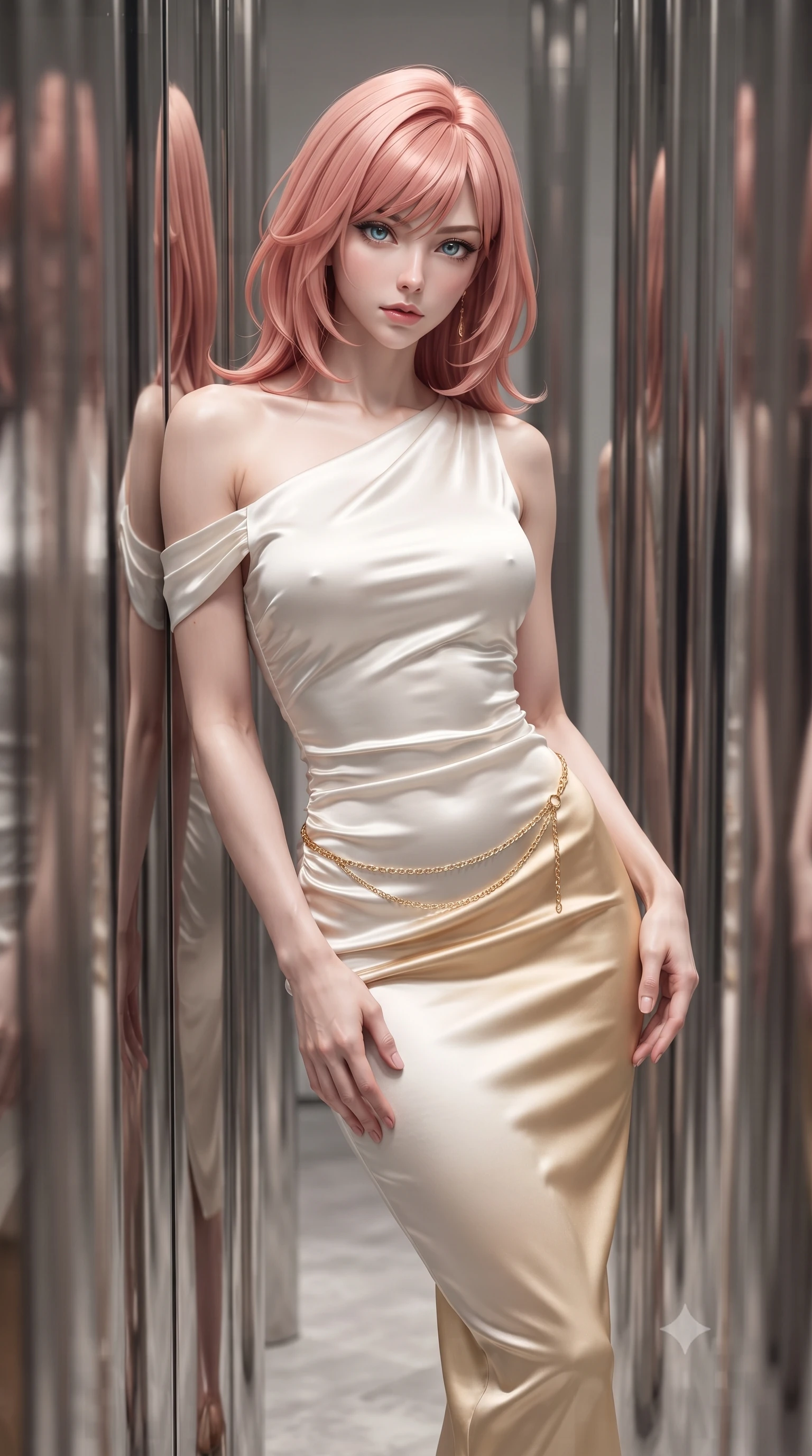 score_9, masterpiece, best quality, ultra-detailed, high-budget anime keyframe, editorial fashion photography, tasteful artistic composition, Japanese woman. close-up cowboy shot from the waist and thighs up, the character dominates the composition, filling the frame with her large presence. leaning back with relaxed seductive grace, her sculpted collarbones and narrow waist highlighted as she casts smoldering bedroom-eyes directly into the camera while standing poised between mirror-finished stainless steel columns, her graceful hourglass silhouette multiplied into infinite reflections. The composition keeps background elements in soft focus with creamy bokeh. high-ceiling gallery partition walls and polished epoxy floors softened in artistic shallow focus. She has an exceptionally elegant, slender, and willowy female figure with an ultra-slim waist, flat toned midriff, narrow ribcage, and sculpted feminine hips creating an alluring, slim hourglass silhouette without bulk. sharp v-shaped jawline, high-bridge nose, intricate jewel-like eyes with depth, thick eyelashes, glossy parted lips with a natural sheen, intensely captivating and seductive bedroom-eyes expression, flawlessly proportioned anatomical accuracy, strict slender model proportions, natural body alignment, perfectly sculpted long slender limbs, ultra-slim waistline, clean dynamic posture without body distortion. wearing a form-contouring cocktail dress with an asymmetrical open shoulder and hip-defining ruching in pure alabaster white and sun-kissed gold, tailored from ultra-smooth duchess satin with a pearlescent sheen, accented with a delicate gold chain belt resting loosely on her curvy hips, the form-contouring material adhering flawlessly to her sculpted flat midriff and slender torso, emphasizing her long leg lines and perfectly proportioned willowy build. surrounded by a sophisticated, avant-garde, and dangerously seductive art-world muse aura. ultra-reflective glossy finish, specular highlights, rich textural contrasts, high-contrast stereoscopic depth, volumetric dynamic lighting, 2k, ultra detail, master piece, 9:16 ratio