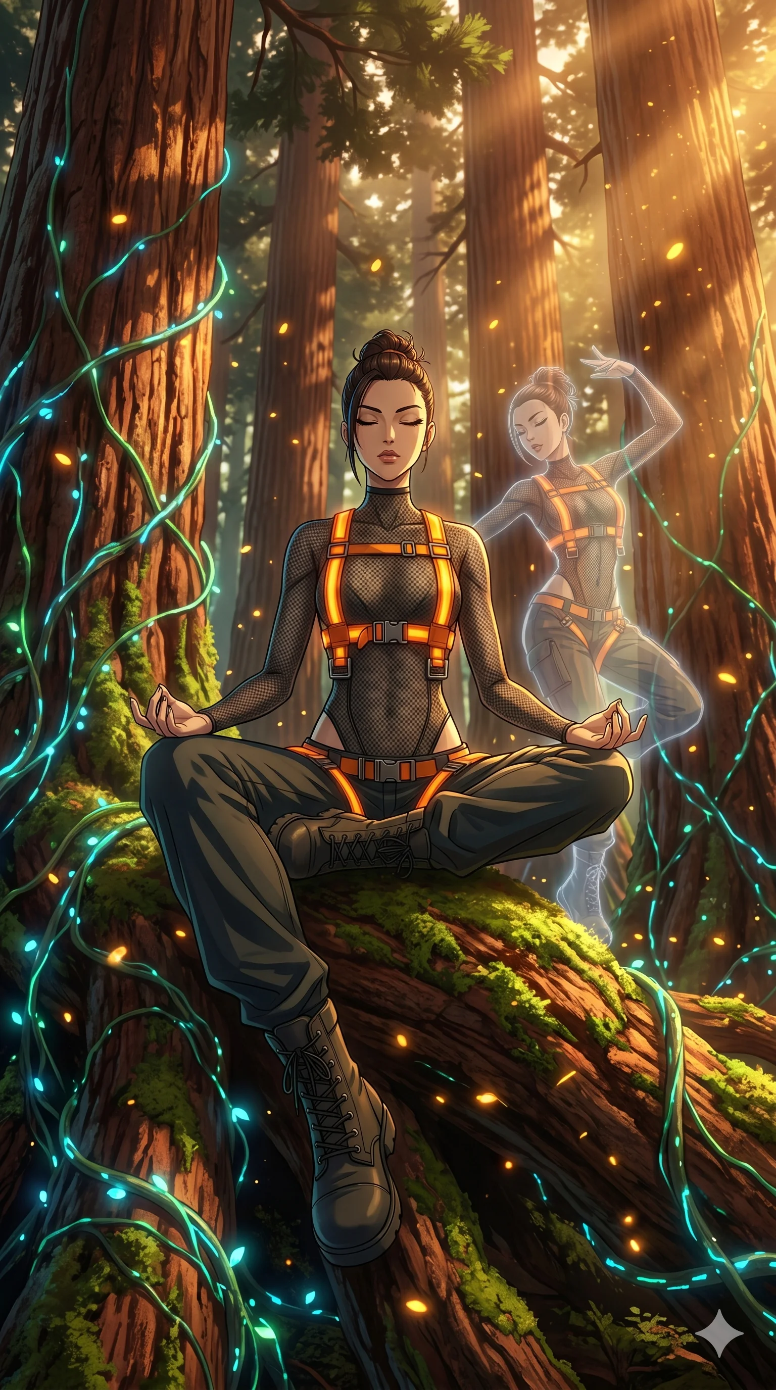 score_9, masterpiece, best quality, ultra-detailed, Set A: High-budget Anime Keyframe, Japanese woman. Low angle cowboy shot filling the entire 9:16 frame with her statuesque presence. Theme: Abstract Cosmic. meditating in a giant redwood forest with glowing vines, as her reflection in the air starts to dance independently 155. The atmosphere is filled with golden hour with floating embers. She has an absolutely perfect 8-heads proportion, an exceptionally tall and slender female figure with impossibly long slender legs and an ultra-slim waist. Sharp v-shaped jawline, high-bridge nose, intricate jewel-like eyes with depth, glossy lips. Wearing Industrial worker-chic with a glowing orange harness over a mesh bodysuit. Cinematic lighting, vivid colors, dramatic shadows, 2k, ultra detail, master piece, 9:16 ratio