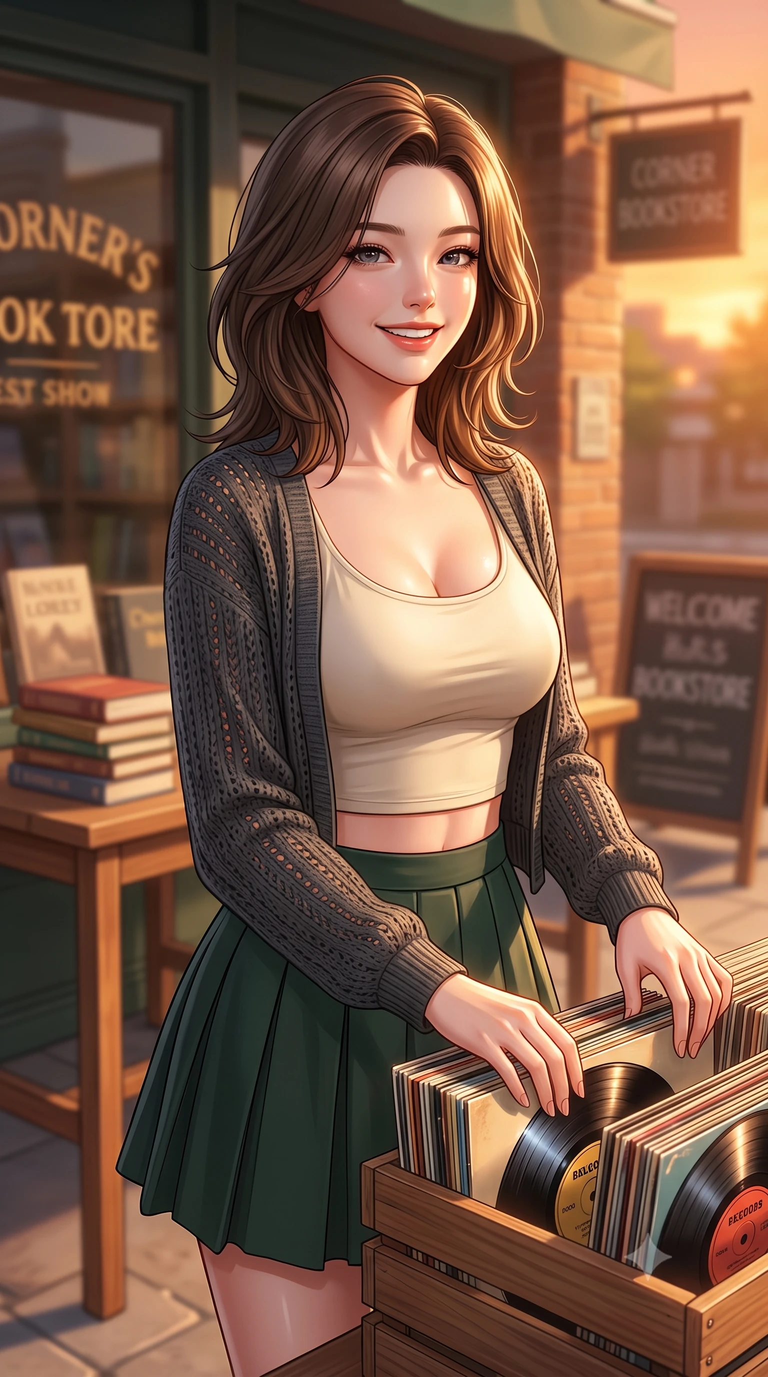 score_9, masterpiece, best quality, ultra-detailed, high-budget anime keyframe, editorial fashion photography, tasteful artistic composition, Korean woman. close-up cowboy shot from the waist and thighs up, the character dominates the composition, filling the frame with her large presence, background elements kept in soft focus. gazing past the camera with a happy, bright expression and a warm smile set against a soft-focus background of outside a small corner bookstore with wooden tables displaying old novels browsing through a box of vintage vinyl records with a happy smile. She has an exceptionally elegant, slender, and willowy female figure with an ultra-slim waist, a gracefully sculpted slender torso, and a refined silhouette. sharp v-shaped jawline, high-bridge nose, intricate jewel-like eyes with depth, thick eyelashes, glossy lips with a natural sheen. wearing body-hugging crop top under an open knit cardigan, paired with a high-waist pleated A-line skirt. cozy golden hour sunset light painting the wooden shopfronts in orange. ultra-reflective glossy finish, specular highlights, metallic sheen, high-contrast stereoscopic depth, volumetric dynamic lighting, 2k, ultra detail, master piece, 9:16 ratio