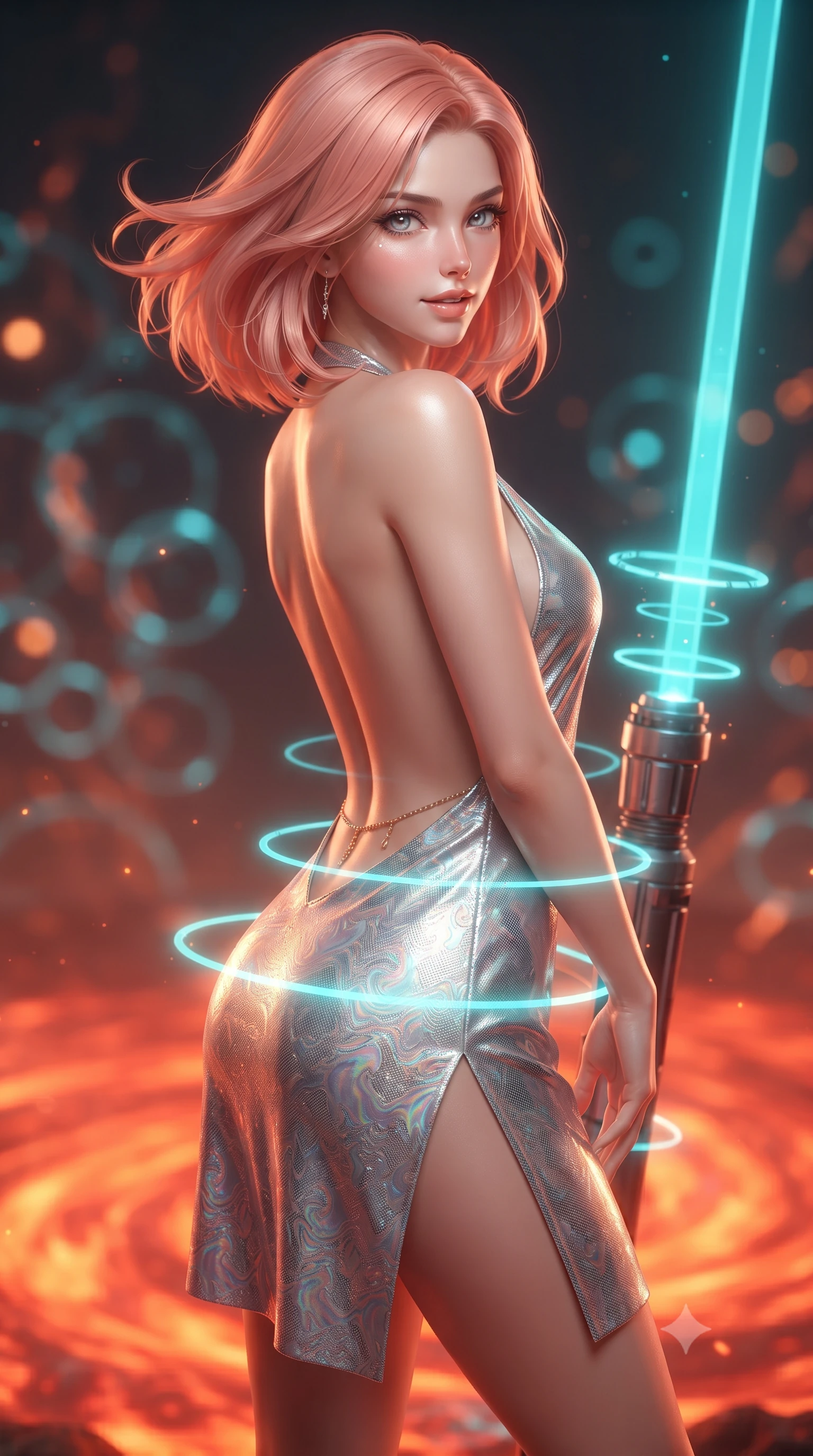 score_9, masterpiece, best quality, ultra-detailed, high-budget anime keyframe, editorial fashion photography, tasteful artistic composition, Japanese woman. close-up cowboy shot from the waist and thighs up, the character dominates the composition, filling the frame with her large presence. turning slowly with an enchanting smoldering smile, her glossy hair tossing in the breeze as her hips angle gracefully in a captivating contrapposto while twisting her slender torso in an alluring contrapposto stance beside the primary laser emitter, pulsing cyan energy rings highlighting her narrow waist and curvy hips. The background shows a soft-focus swirling orange-red magma vortex below, shimmering circular cyan magnetic containment rings, and laser ionization haze blurred into tangerine, gold, and turquoise bokeh. She has an exceptionally elegant, slender, and willowy female figure with an ultra-slim waist, flat toned midriff, narrow ribcage, and sculpted feminine hips creating an alluring, slim hourglass silhouette without bulk. sharp v-shaped jawline, high-bridge nose, intricate jewel-like sparkling eyes with depth, thick eyelashes, glossy parted lips with a natural peach sheen, bright cheerful beaming smile with an enchanting and coquettish sensual glint, exuding both youthful cute charm and seductive allure, flawlessly proportioned anatomical accuracy, strict slender model proportions, natural body alignment, perfectly sculpted long slender limbs, ultra-slim waistline, clean dynamic posture without body distortion. wearing an alluring backless metallic lamé combat halter mini dress with deep open back down to her lower spine and thigh-high slit in iridescent mother-of-pearl and liquid molten silver, woven from structured carbon-fiber jacquard with rich textural depth, accented with a dainty gold belly chain resting across her flat midriff and curving hips, the liquid-tight tailored fabric clinging flawlessly to her narrow waist and rounded feminine hips, emphasizing every millimeter of her sculpted slim hourglass curves without any bulky heaviness. bathed in the dual illumination of searing 2200K subterranean magma radiance and cold 480nm cyan magnetic containment lasers. ultra-reflective glossy finish, specular highlights, rich textural contrasts, high-contrast stereoscopic depth, volumetric dynamic lighting, 2k, ultra detail, master piece, 9:16 ratio