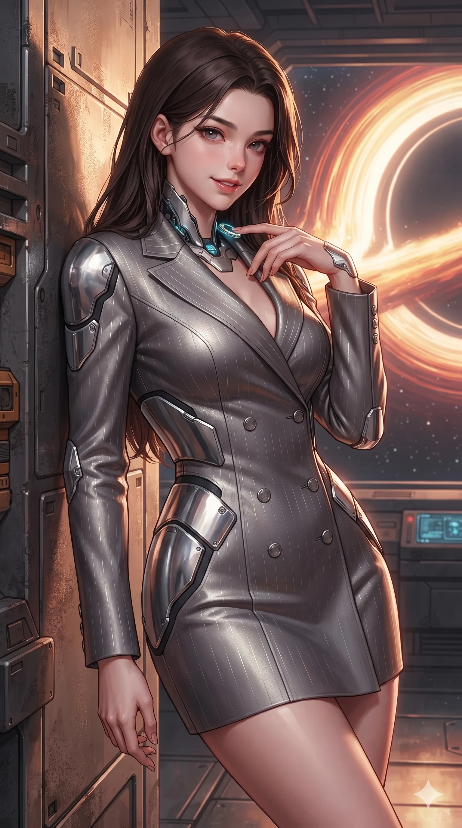 score_9, masterpiece, best quality, ultra-detailed, high-budget anime keyframe, editorial fashion photography, tasteful artistic composition, Korean woman. close-up cowboy shot from the waist and thighs up, the character dominates the composition, filling the frame with her large presence. tilting her head with a teasing half-smile, running one finger slowly along her glowing comm-link collar in a flirtatious gesture while leaning against the maintenance bulkhead with relaxed seductive grace, her flat midriff and narrow waist highlighted as laser ambient light traces her curves while twisting her slender torso in an alluring S-curve, extreme relativistic Doppler-shifted light painting her narrow waist and curvy hips in fire. The surrounding environment is rendered in vivid detail and crisp panoramic clarity: detailed combat suit weave, blinding accretion light reflections on armor, and deep-space observatory architecture in high clarity. She has an exceptionally elegant, slender, and willowy female figure with an ultra-slim waist, flat toned midriff, narrow ribcage, and sculpted feminine hips creating an alluring, slim hourglass silhouette without bulk. sharp v-shaped jawline, high-bridge nose, intricate jewel-like sparkling eyes with depth, thick eyelashes, glossy parted lips with a natural sheen, bright confident smile with an enchanting and coquettish sensual glint, exuding both youthful magnetic charm and sovereign high-tech allure, flawlessly proportioned anatomical accuracy, strict slender model proportions, natural body alignment, perfectly sculpted long slender limbs, ultra-slim waistline, clean dynamic posture without body distortion. wearing a tailored double-breasted cyber-operative blazer dress with subtle metallic pin-stripes and structured lapels in reflective liquid mercury and matte phantom grey, made of flexible bullet-resistant ballistic microfiber with high-tensile strength, accented with strategically placed chrome armor plate guards covering key curves, the impeccably tailored cut draping gracefully along her slender figure with aristocratic poise. bathed in intense, blazing golden and crimson relativistic light streaming from the accretion disk through massive transparent viewports. ultra-reflective glossy finish, specular highlights, rich textural contrasts, high-contrast stereoscopic depth, volumetric dynamic lighting, 2k, ultra detail, master piece, 9:16 ratio