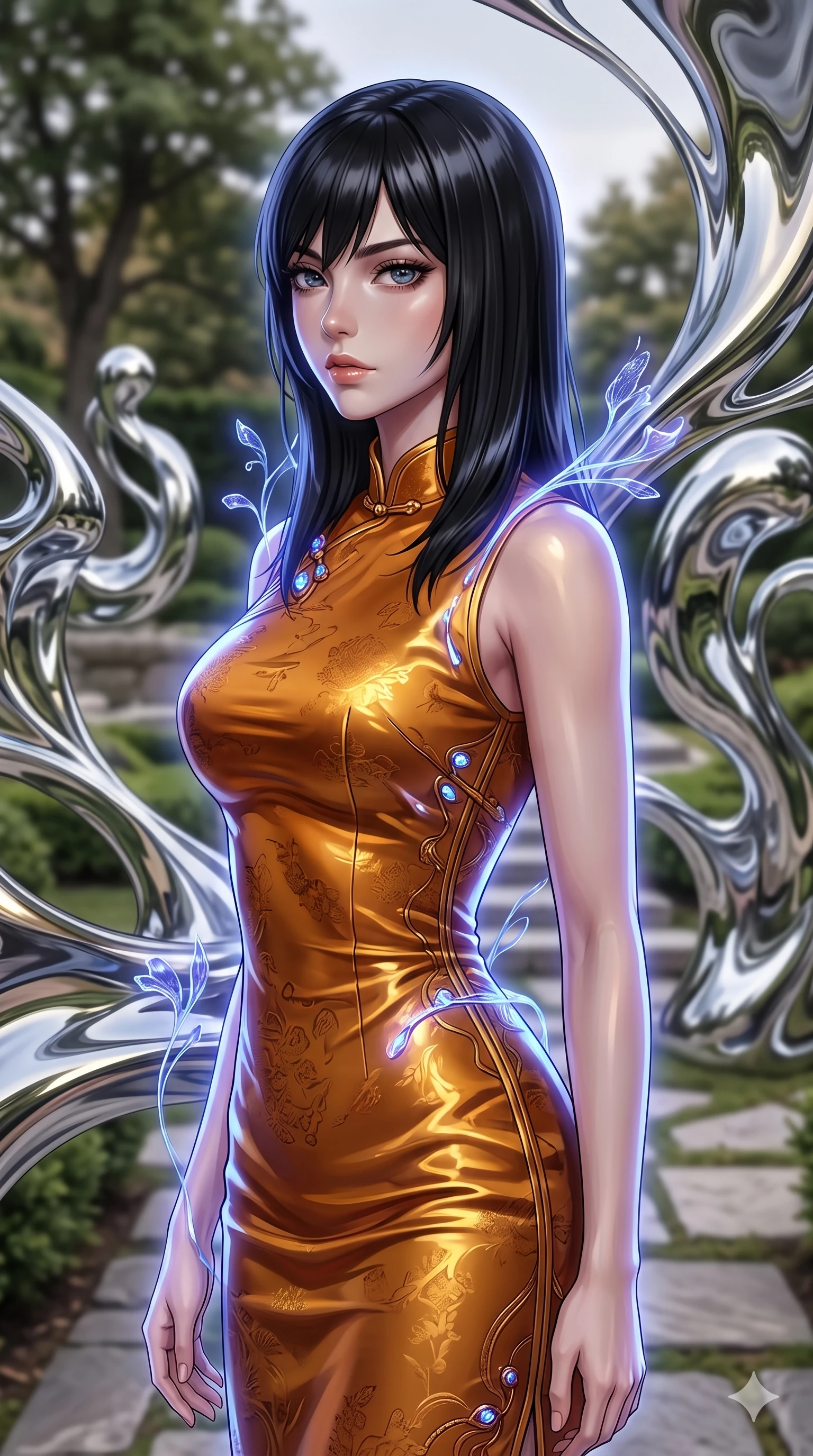 score_9, masterpiece, best quality, ultra-detailed, high-budget anime keyframe, editorial fashion photography, tasteful artistic composition, Caucasian woman, strictly human ears. close-up cowboy shot from the waist and thighs up, the character dominates the composition, filling the frame with her large presence, background elements kept in soft focus. Gazing past the camera with an air of effortless superiority. set against a soft-focus background of a manicured garden filled with abstract sculptures made of living liquid chrome that constantly shift and reshape themselves reflecting and distorting the surrounding landscape in mercurial curves. She has an exceptionally elegant and slender, willowy female figure with an ultra-slim waist, a gracefully sculpted slender torso, and a refined slim physique. sharp v-shaped jawline, high-bridge nose, intricate jewel-like eyes with depth, thick eyelashes, glossy lips with a natural sheen. wearing a form-contouring qipao-inspired midi dress in liquid amber silk with a mandarin collar, the heavy fabric catching gold reflections along her curves. cool ethereal blue-violet bioluminescent glow wrapping around her from all sides. 2k, ultra detail, master piece, 9:16 ratio