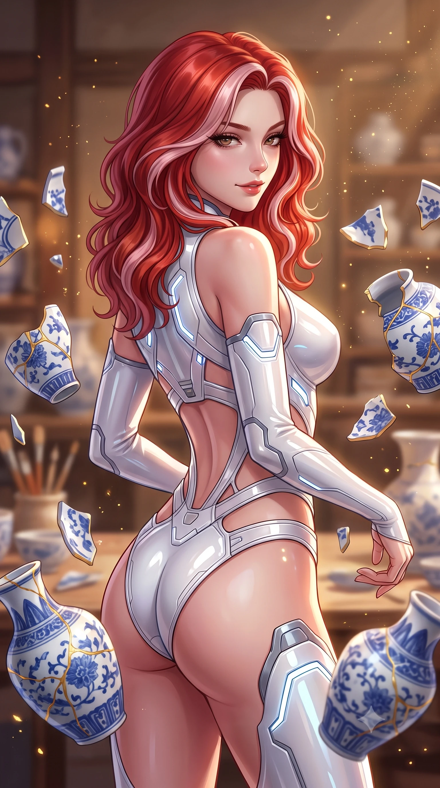 score_9, masterpiece, best quality, ultra-detailed, high-budget anime keyframe, editorial fashion photography, tasteful artistic composition, Caucasian woman. close-up cowboy shot from the waist and thighs up, the character dominates the composition, filling the frame with her large presence, background elements kept in soft focus. Glancing sidelong over her shoulder with a smoldering half-smile and heavy lashes poised amidst suspended blue-and-white porcelain vase fragments with gold seams, floating golden dust motes sparkling in the warm workshop air. She has an exceptionally elegant, slender, and willowy female figure with an ultra-slim waist, a gracefully sculpted slender torso, and a refined silhouette. sharp v-shaped jawline, high-bridge nose, intricate jewel-like eyes with depth, thick eyelashes, glossy lips with a natural sheen. wearing an asymmetrical high-cut tech-bodysuit with detached sleeves and waist-framing straps, the form-contouring material highlighting her ultra-slim waist and long lines. surrounded by a majestic inner radiance highlighting glossy white porcelain. highly saturated vibrant anime colors, detailed shading with soft gradients, rich glossy textures, high-contrast stereoscopic depth, volumetric dynamic lighting, master piece, 9:16 ratio