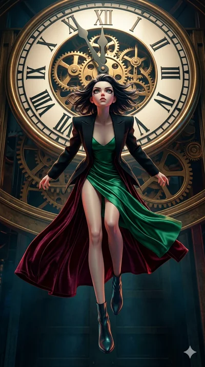 score_9, masterpiece, best quality, ultra-detailed, photorealistic 8k CG, hyper-detailed textures, ray-tracing, Caucasian (strictly human ears) anime girl. Extreme high angle shot as she leaps towards the camera, filling the frame. staring at a giant