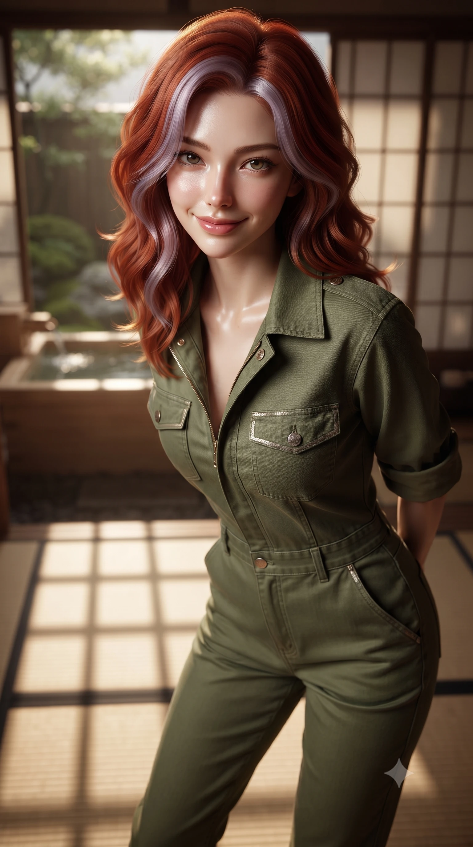 score_9, masterpiece, best quality, ultra-detailed, high-budget anime keyframe, editorial fashion photography, tasteful artistic composition, Caucasian woman. close-up cowboy shot from the waist and thighs up, the character dominates the composition, filling the frame with her large presence, background elements kept in soft focus. leaning slightly forward with a playful, teasing smile, her gaze locked onto the viewer the background shows a soft-focus a ryokan stream hot spring cypress wood bath facing a moss garden. She has an exceptionally elegant, slender, and willowy female figure with an ultra-slim waist, a gracefully sculpted slender torso, and a refined silhouette. sharp v-shaped jawline, high-bridge nose, intricate jewel-like eyes with depth, thick eyelashes, glossy lips with a natural sheen. wearing a slim-fit comfortable olive green cotton utility jumpsuit with a structured collar and rolled-up sleeves. soft late afternoon sunrays casting long wooden grid shadows on the tatami. ultra-reflective glossy finish, specular highlights, metallic sheen, high-contrast stereoscopic depth, volumetric dynamic lighting, 2k, ultra detail, master piece, 9:16 ratio
