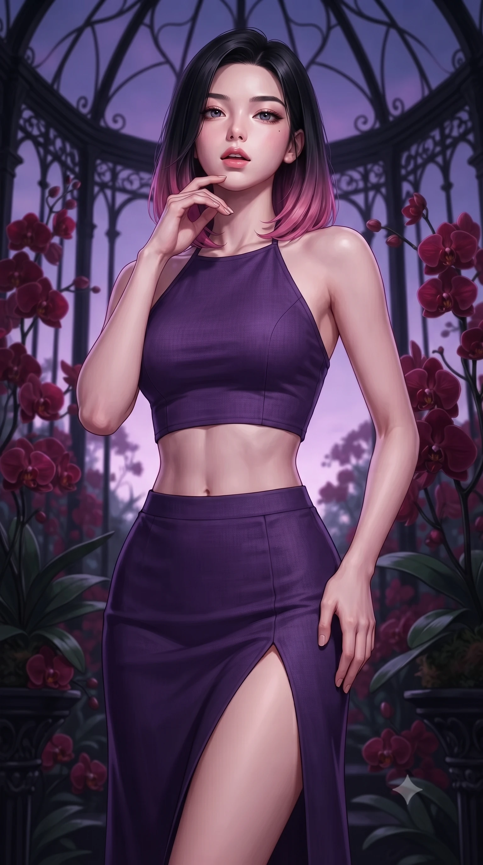 score_9, masterpiece, best quality, ultra-detailed, high-budget anime keyframe, editorial fashion photography, tasteful artistic composition, Korean woman. close-up cowboy shot from the waist and thighs up, the character dominates the composition, filling the frame with her large presence, background elements kept in soft focus. tilting her chin up slightly with lips parted in a composed, provocative expression the background shows a soft-focus a gothic conservatory with black iron framework and dark red orchid blooms. She has an exceptionally elegant, slender, and willowy female figure with an ultra-slim waist, a gracefully sculpted slender torso, and a refined silhouette. sharp v-shaped jawline, high-bridge nose, intricate jewel-like eyes with depth, thick eyelashes, glossy lips with a natural sheen. wearing a form-contouring linen halter-neck crop top paired with a matching high-slit midi skirt, revealing a sculpted midriff. deep violet twilight sky glow wrapping her silhouette. highly saturated vibrant anime colors, detailed shading with soft gradients, rich glossy textures, high-contrast stereoscopic depth, volumetric dynamic lighting, master piece, 9:16 ratio