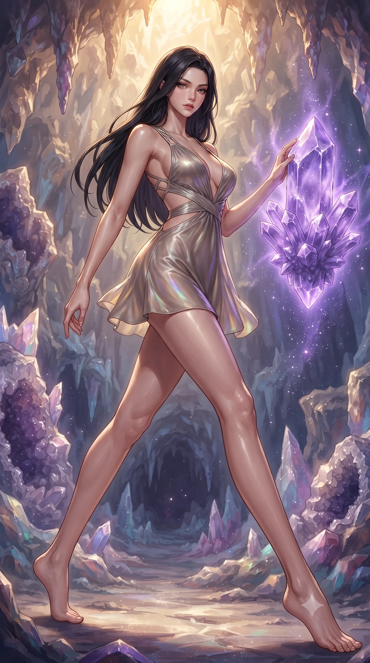 score_9, masterpiece, best quality, ultra-detailed, high-budget anime keyframe, editorial fashion photography, tasteful artistic composition, Korean woman. low angle full-body shot from head to toe showing her feet, filling the entire 9:16 vertical frame with her statuesque presence, stretching her vertical silhouette. forging dynamically through the scene, her vertical silhouette beautifully stretched touching a giant floating violet crystal cluster emitting pulsing energy, glowing mineral dust shimmering like stars in the quiet cavern air. She has an absolutely perfect, statuesque 8.5-heads proportion, an exceptionally tall and slender model-like female figure with impossibly long slender legs and an ultra-slim waist. sharp v-shaped jawline, high-bridge nose, intricate jewel-like eyes with depth, thick eyelashes, glossy lips with a natural sheen. wearing a liquid mercury gloss mini dress with ultra-deep V-neck and waist cutouts in muted taupe and soft ivory, crafted from iridescent chiffon that shifts colors in the light, complemented by criss-cross back straps highlighting her bare shoulders, the tailored fabric tightly following every curve of her athletic build. lit by warm golden sunlight colliding with cool violet crystal illumination. highly saturated vibrant anime colors, detailed shading with soft gradients, rich glossy textures, high-contrast stereoscopic depth, volumetric dynamic lighting, master piece, 9:16 ratio