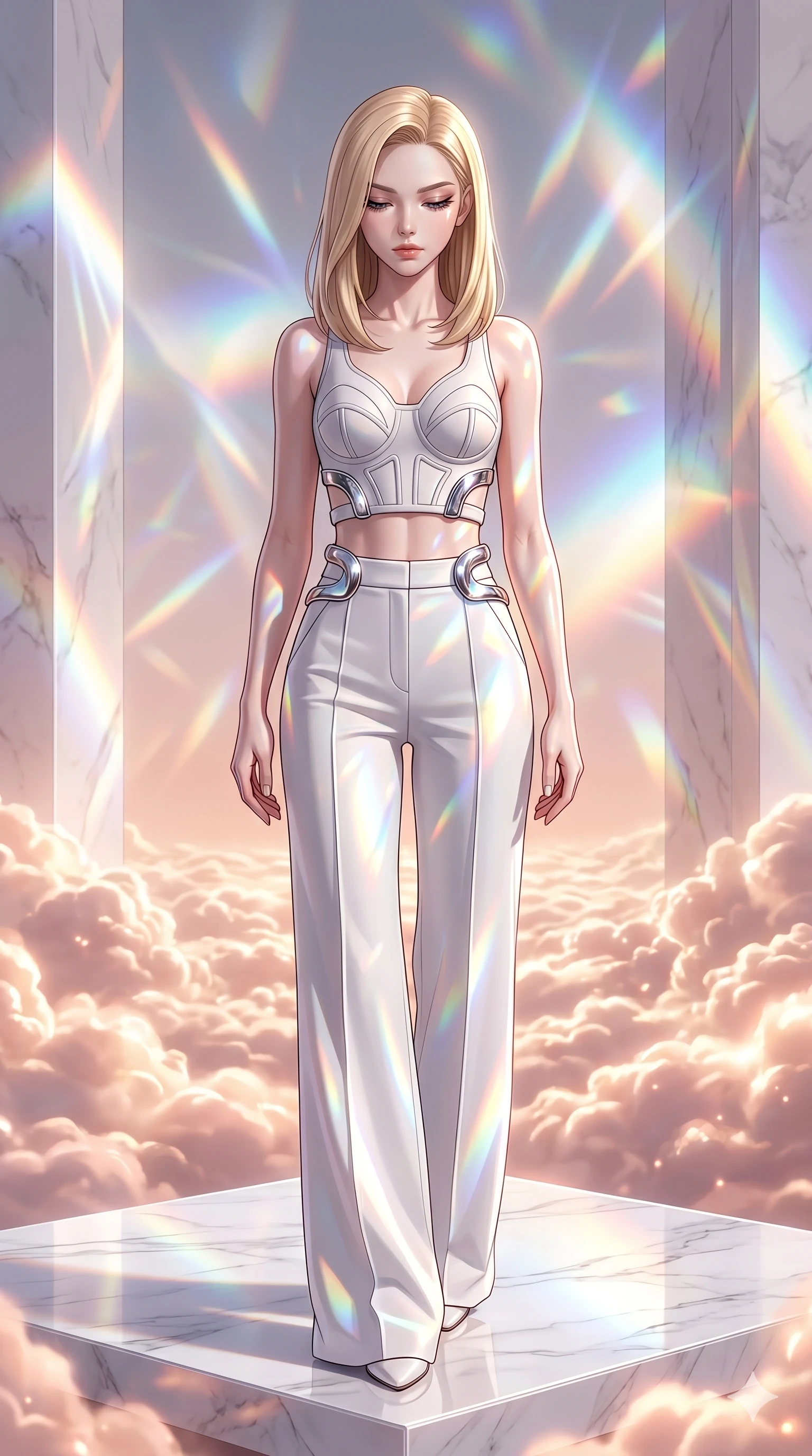 score_9, masterpiece, best quality, ultra-detailed, high-budget anime keyframe, editorial fashion photography, tasteful artistic composition, Korean woman. cowboy shot from the thighs up, character and outfit filling the frame for maximum editorial presence. Looking down with lowered lashes and a composed, powerful expression atop a floating white marble terrace above a sea of luminous rose-gold clouds. She has an absolutely perfect 8-heads proportion, an exceptionally tall and slender female figure with impossibly long slender legs and an ultra-slim waist. V-shaped jawline, high-bridge nose, intricate jewel-like eyes with depth, thick eyelashes, glossy lips with a natural sheen. wearing a structured neoprene editorial crop top with molded architectural panels and bold chrome hardware at the waist, paired with precision high-waist neoprene trousers with a clean wide-leg silhouette. lit by mirror-reflected prismatic spotlights creating geometric light patterns that play across her body. 2k, ultra detail, master piece, 9:16 ratio