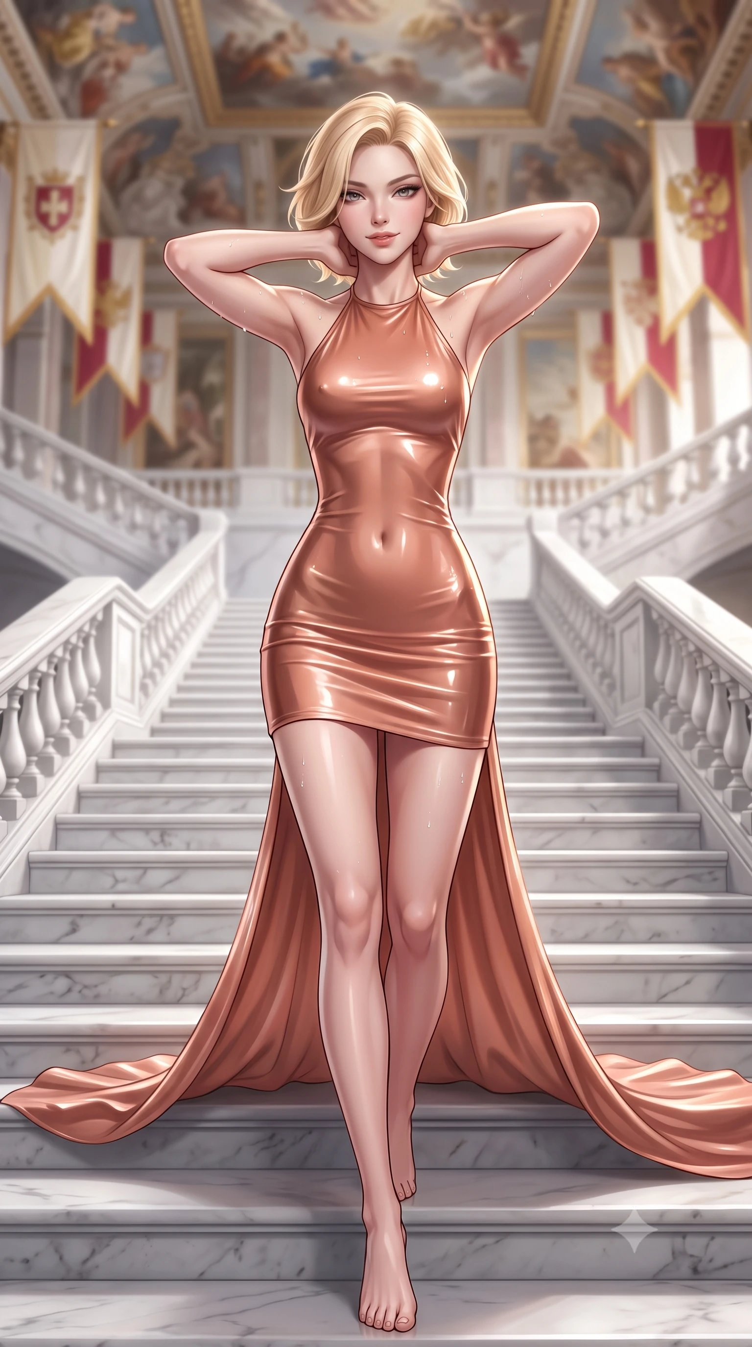 score_9, masterpiece, best quality, ultra-detailed, high-budget anime keyframe, semi-realistic 3D game render, editorial fashion photography, tasteful artistic composition, Caucasian woman. close-up cowboy shot from the waist and thighs up, the character dominates the composition, filling the frame with her large presence. resting both hands lightly behind her neck with elbows raised, arching her spine to highlight her narrow waist, flat midriff, and breathtaking collarbones while paused mid-step on the monumental white Carrara marble staircase, arching her spine with sovereign supermodel presence as her train sweeps behind. The background shows a soft-focus monumental marble imperial staircase with double sweeping flights, soaring mythological ceiling frescoes, and imperial heraldic banners blurred into ivory, ruby, and gold bokeh. She has an exceptionally elegant, slender, and willowy female figure with an ultra-slim waist, flat toned midriff, narrow ribcage, and sculpted feminine hips creating an alluring, slim hourglass silhouette without bulk. sharp v-shaped jawline, high-bridge nose, sparkling eyes with hypnotic seductive depth, thick curled eyelashes, glossy parted lips with a natural dewy peach sheen, alluring bedroom-eyes with an enchanting coquettish smile, exuding magnetic siren charisma and sophisticated glamour, flawlessly proportioned anatomical accuracy, strict slender model proportions, natural body alignment, perfectly sculpted long slender limbs, ultra-slim waistline, clean dynamic posture without body distortion. wearing a backless halterneck column mini dress in shimmering liquid vinyl clinging like a second skin in Atlas terracotta and desert rose gold, made of semi-opaque stretch illusion mesh with soft shadowy contours, finished with glistening drops of lagoon or spa water beading across her sculpted shoulders and collarbones, the liquid-tight tailored fabric clinging flawlessly to her narrow waist and rounded feminine hips, emphasizing every millimeter of her sculpted slim hourglass curves without any bulky heaviness. illuminated by polished marble reflection fill and sharp platinum-gold rim lights defining her delicate clavicles, ultra-slim waist, and curvy hips. highly saturated vibrant anime colors, detailed shading with soft gradients, rich glossy textures, high-contrast stereoscopic depth, volumetric dynamic lighting, master piece, 9:16 ratio