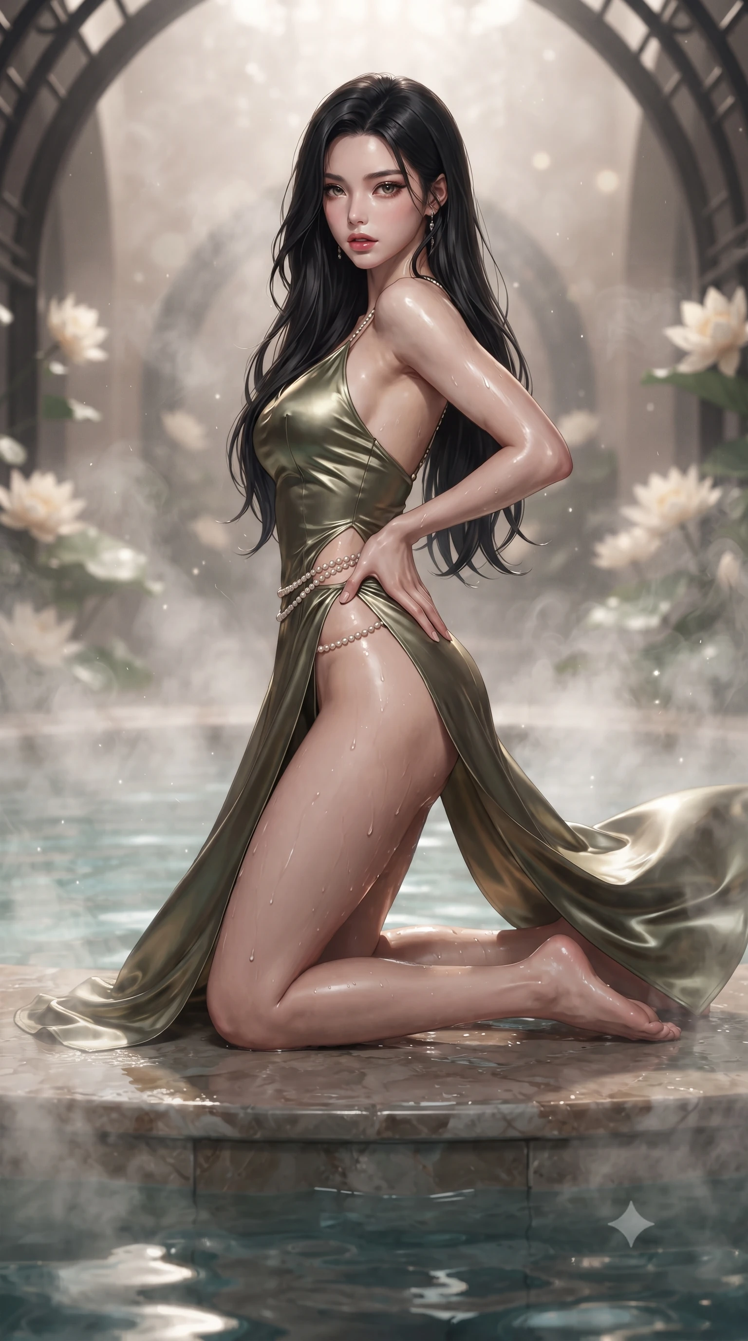 score_9, masterpiece, best quality, ultra-detailed, high-budget anime keyframe, editorial fashion photography, tasteful artistic composition, Korean woman. low angle full-body shot from head to toe showing her feet, filling the entire 9:16 vertical frame with her statuesque presence, stretching her vertical silhouette. executing an elegant mid-motion pivot turn as garments swirl around her slender limbs, glancing over her shoulder with an intoxicating bedroom-gaze while kneeling gracefully on a wet stone pool step with one hand on her hip, thermal steam rising to caress her feminine curves. The composition keeps background elements in soft focus with creamy bokeh. steaming pool water vapors and curved Victorian iron ribs softened in dreamy shallow focus. She has an absolutely perfect, statuesque 8.5-heads proportion, an exceptionally tall and slender model-like female figure with impossibly long slender legs, a toned flat midriff, an ultra-slim waist, and beautifully sculpted feminine hips. sharp v-shaped jawline, high-bridge nose, intricate jewel-like eyes with depth, thick eyelashes, glossy parted lips with a natural sheen, intensely captivating and seductive bedroom-eyes expression, flawlessly proportioned anatomical accuracy, strict slender model proportions, natural body alignment, perfectly sculpted long slender limbs, ultra-slim waistline, clean dynamic posture without body distortion. wearing a liquid metallic olive gown with open side slits ascending to the high hip in pale peach blossom and brushed copper, tailored from smooth liquid silk satin adhering seamlessly to her wet skin, accented with dainty pearl waist chains framing her sun-kissed midriff, the liquid-tight tailored fabric clinging flawlessly to her narrow waist and rounded feminine hips, emphasizing every millimeter of her sculpted hourglass curves during movement. surrounded by an otherworldly, sensual, and exquisitely pure water-lily nymph aura. ultra-reflective glossy finish, specular highlights, rich textural contrasts, high-contrast stereoscopic depth, volumetric dynamic lighting, 2k, ultra detail, master piece, 9:16 ratio