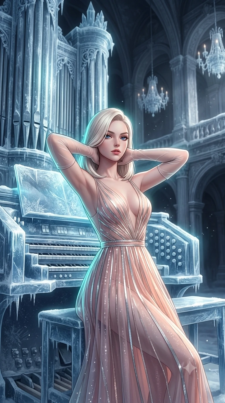 score_9, masterpiece, best quality, ultra-detailed, high-budget anime keyframe, semi-realistic 3D game render, editorial fashion photography, tasteful artistic composition, Caucasian woman. close-up cowboy shot from the waist and thighs up, the character dominates the composition, filling the frame with her large presence. resting both hands lightly behind her neck with elbows raised, arching her spine to highlight her narrow waist, flat midriff, and breathtaking collarbones while leaning against the crystalline ice organ console with hips cocked back, gazing out across the frost-dusted auditorium with smoldering bedroom-eyes. The surrounding environment is rendered in vivid detail and crisp panoramic clarity: detailed anime keyframe lines, rich fabric textures, and monumental frozen baroque architecture in razor-sharp precision. She has an exceptionally elegant, slender, and willowy female figure with an ultra-slim waist, flat toned midriff, narrow ribcage, and sculpted feminine hips creating an alluring, slim hourglass silhouette without bulk. sharp v-shaped jawline, high-bridge nose, intricate jewel-like sparkling eyes with depth, thick eyelashes, glossy parted lips with a natural peach sheen, bright cheerful beaming smile with an enchanting and coquettish sensual glint, exuding both youthful cute charm and seductive allure, flawlessly proportioned anatomical accuracy, strict slender model proportions, natural body alignment, perfectly sculpted long slender limbs, ultra-slim waistline, clean dynamic posture without body distortion. wearing a plunge-front sheer illusion tulle slip dress with liquid platinum ribbon stripes hugging her curves in Solaris liquid rose-quartz and alien peach, crafted from fluid liquid silk satin that clings smoothly to her narrow waist and rounded hips with a dewy sheen, complemented by sheer opera-length evening gloves tracing her slender arms, the glove-like clinging cut tightly following the natural contour of her hips and long slender legs with youthful 8.5-heads elegance. illuminated by polished ice stage reflection bounce and sharp cyan-silver rim lights sculpting her jawline, narrow waist, and curvy hips. highly saturated vibrant anime colors, detailed shading with soft gradients, rich glossy textures, high-contrast stereoscopic depth, volumetric dynamic lighting, master piece, 9:16 ratio