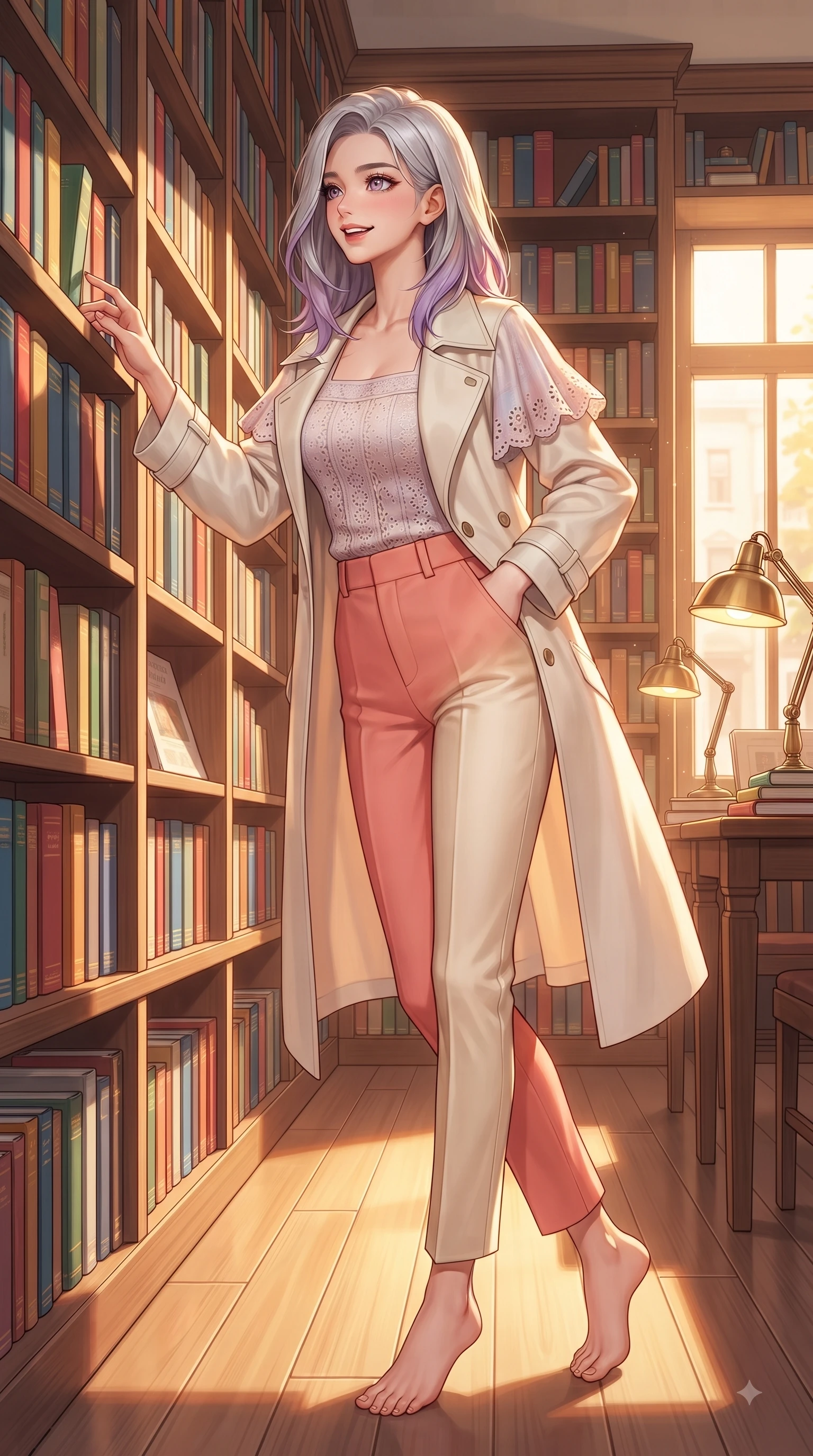 score_9, masterpiece, best quality, ultra-detailed, high-budget anime keyframe, editorial fashion photography, tasteful artistic composition, Caucasian woman. low angle full-body shot from head to toe showing her feet, filling the entire 9:16 vertical frame with her statuesque presence, stretching her vertical silhouette. pivoting dynamically with a fresh infectious smile, her ultra-slim waist creating a sweeping fluid curve while browsing tall wooden bookshelves lined with colorful volumes with a curious, gentle smile. The surrounding environment is rendered in vivid detail and crisp panoramic clarity. floor-to-ceiling wooden bookshelves, vintage desk lamps, and sunlit reading nooks captured in sharp clarity. She has an absolutely perfect, statuesque 8.5-heads proportion, an exceptionally tall and slender model-like female figure with impossibly long slender legs and an ultra-slim waist. sharp v-shaped jawline, high-bridge nose, intricate jewel-like eyes with depth, thick eyelashes, glossy lips with a natural sheen, flawlessly proportioned anatomical accuracy, natural body alignment, perfectly sculpted elegant limbs, clean dynamic posture without body distortion. wearing a stylish pale ivory trench coat over a pastel knit top and high-waist tailored slacks in warm coral pink and champagne ivory, woven with delicate eyelet lace and soft cotton, featuring elegant flutter sleeves and a graceful square neckline, the tailored casual silhouette highlighting her fresh and youthful presence. bathed in warm golden sunlight streaming through clean glass cafe windows. ultra-reflective glossy finish, specular highlights, metallic sheen, high-contrast stereoscopic depth, volumetric dynamic lighting, 2k, ultra detail, master piece, 9:16 ratio