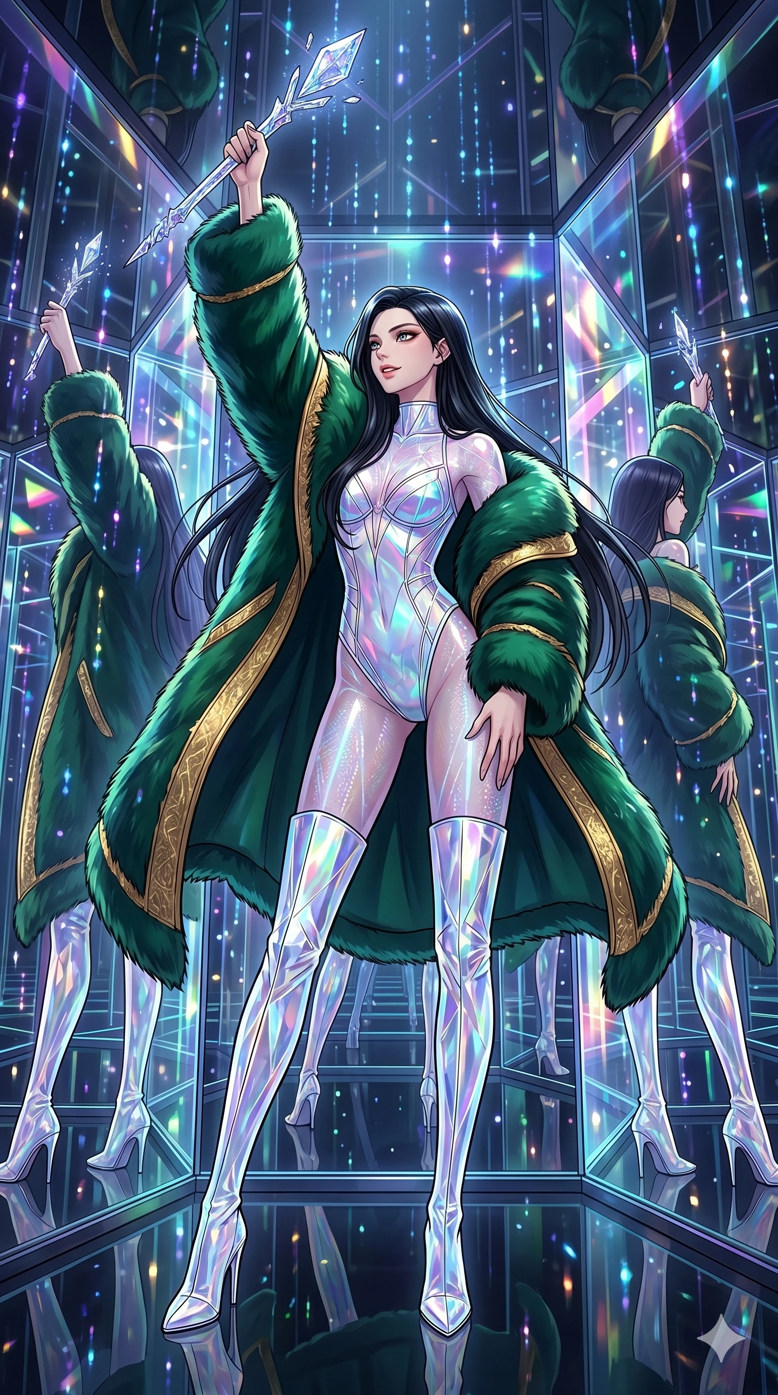 score_9, masterpiece, best quality, ultra-detailed, high-budget anime movie keyframe, cinematic anime lighting, intricate line art, Japanese woman. Dynamic full-body shot stretching the vertical silhouette across the 9:16 frame. standing victoriously in a infinite mirror maze with holographic rain. She has an absolutely perfect 8-heads proportion, an exceptionally tall and slender female figure with an ultra-slim waist and impossibly long slender legs. sharp v-shaped jawline, high-bridge nose, intricate jewel-like eyes, thick eyelashes, glossy lips. Wearing seasonal winter-couture featuring a plush oversized faux-fur coat worn over a skin-tight crystalline leotard and thigh-high stiletto boots. The scene is illuminated by dramatic atmospheric lighting and vibrant color palettes. , 2k, ultra detail, master piece, 9:16 ratio