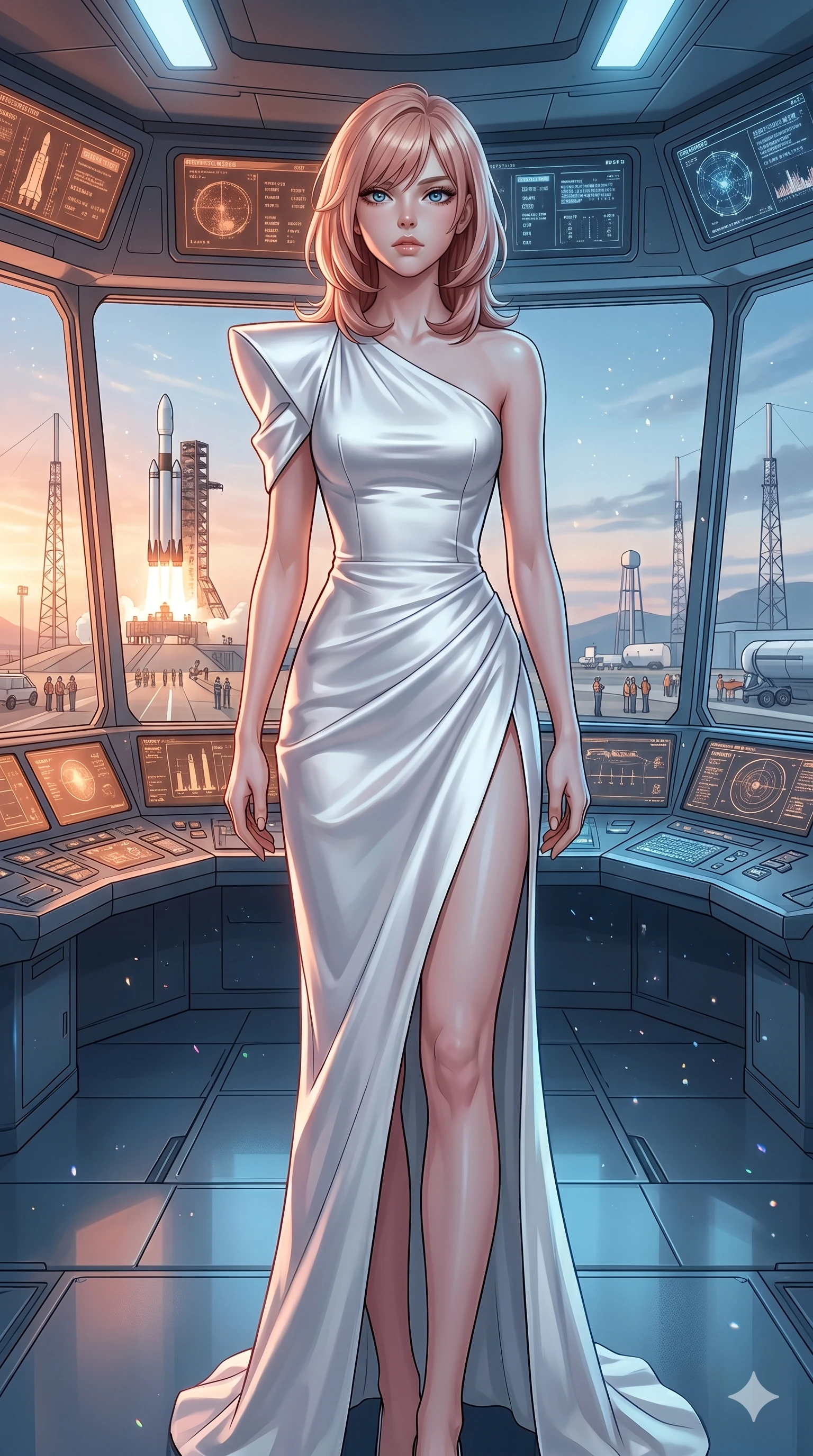 score_9, masterpiece, best quality, ultra-detailed, high-budget anime keyframe, editorial fashion photography, tasteful artistic composition, Japanese woman. cowboy shot from the thighs up, character and outfit filling the frame for maximum editorial presence. Tilting her chin down and looking up through her lashes with quiet, commanding intensity inside a futuristic control tower with panoramic windows overlooking a launchpad, with iridescent dust particles suspended in mid-air. She has an absolutely perfect 8-heads proportion, an exceptionally tall and slender female figure with impossibly long slender legs and an ultra-slim waist. V-shaped jawline, high-bridge nose, intricate jewel-like eyes with depth, thick eyelashes, glossy lips with a natural sheen. wearing an asymmetric white satin dress with a single structured shoulder and a dramatic side slit. bathed in shifting warm copper and cool steel blue lighting, creating a high-fashion editorial contrast. 2k, ultra detail, master piece, 9:16 ratio