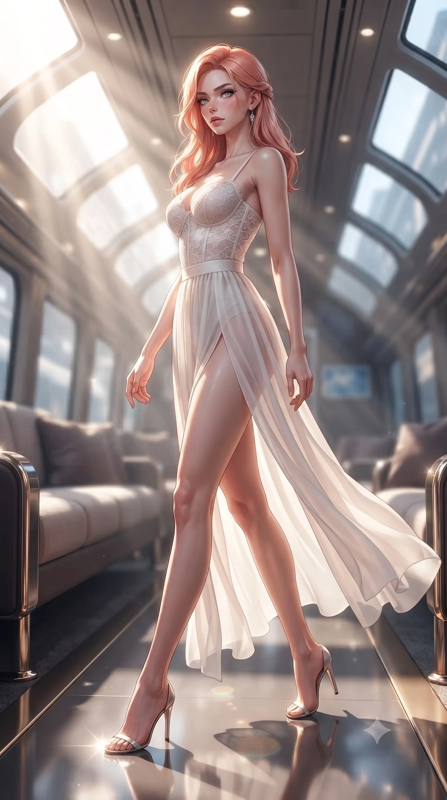 score_9, masterpiece, best quality, ultra-detailed, high-budget anime keyframe, editorial fashion photography, tasteful artistic composition, Japanese woman. low angle full-body shot from head to toe showing her feet, filling the entire 9:16 vertical frame with her statuesque presence, stretching her vertical silhouette. stepping gracefully while looking back over her shoulder, her dress draped tightly to reveal her silhouette the background shows a soft-focus the upper deck lounge of a double-decker scenic train crossing a canyon bridge. She has an absolutely perfect, statuesque 8.5-heads proportion, an exceptionally tall and slender model-like female figure with impossibly long slender legs and an ultra-slim waist. sharp v-shaped jawline, high-bridge nose, intricate jewel-like eyes with depth, thick eyelashes, glossy lips with a natural sheen. wearing a body-hugging delicate white lace bustier top paired with a sheer chiffon maxi skirt featuring a high side slit. volumetric sunbeams slicing through the glass panels, creating dramatic light rays. ultra-reflective glossy finish, specular highlights, metallic sheen, high-contrast stereoscopic depth, volumetric dynamic lighting, 2k, ultra detail, master piece, 9:16 ratio