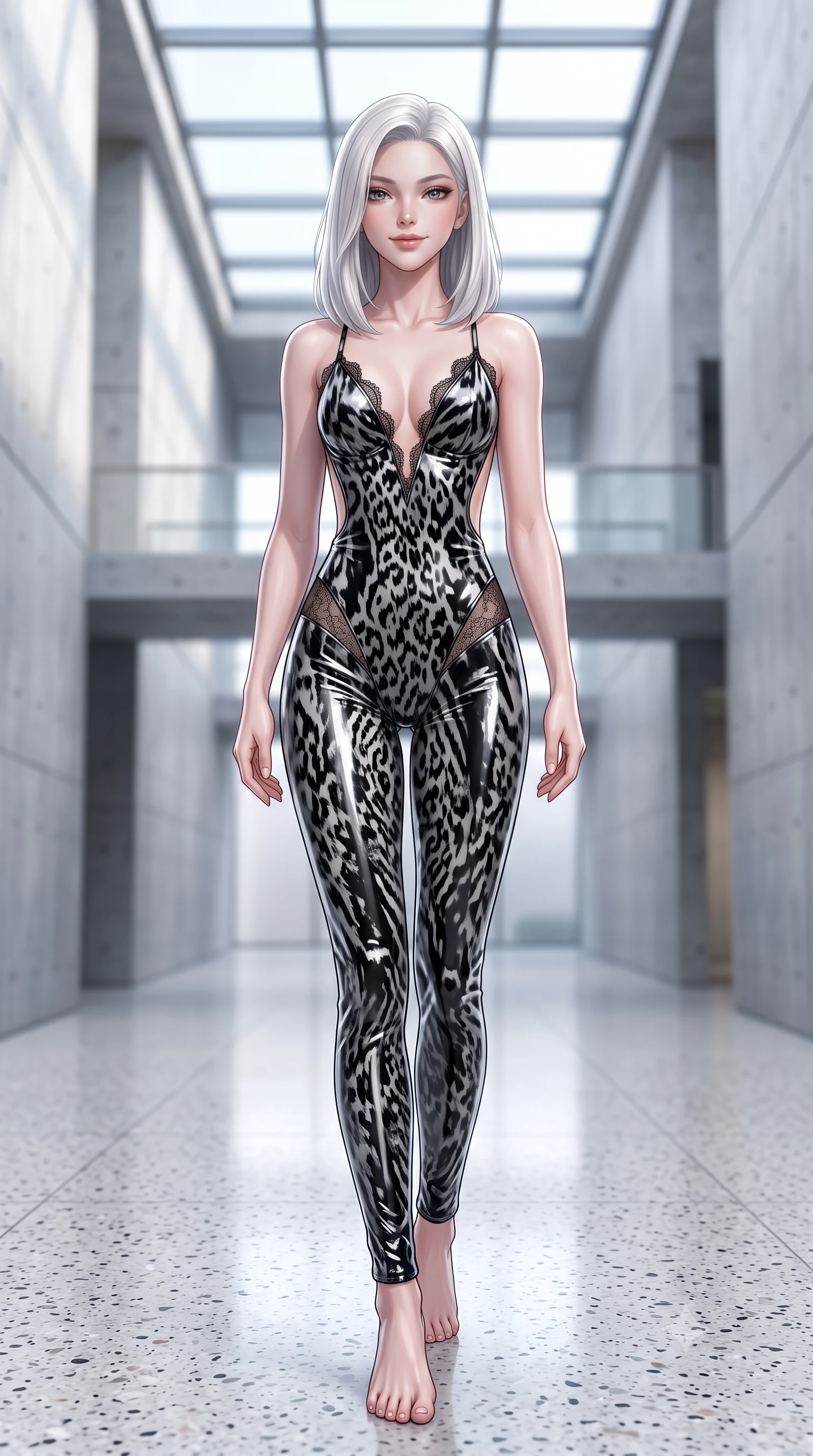 score_9, masterpiece, best quality, ultra-detailed, high-budget anime keyframe, semi-realistic 3D game render, editorial fashion photography, tasteful artistic composition, Korean woman. low angle full-body shot from head to toe showing her feet, filling the entire 9:16 vertical frame with her statuesque presence, stretching her vertical silhouette. lounging on the lavish daybed with legs crossed and hips angled toward the camera, displaying her toned midriff and long slender limbs with effortless siren poise while walking slowly down the polished terrazzo floor, hips swaying in an alluring rhythm that commands the pristine minimalist space. The background shows a soft-focus monumental board-formed concrete walls, floating architectural bridges, and geometric skylight grids blurred into cool grey, white, and platinum bokeh. She has an absolutely perfect, statuesque 8.5-heads proportion, an exceptionally tall and slender model-like female figure with impossibly long slender legs, an ultra-slim waist, a flat toned midriff, narrow delicate ribcage, and beautifully sculpted feminine hips creating a graceful, slim hourglass silhouette without any bulky heaviness. sharp v-shaped jawline, high-bridge nose, sparkling eyes with hypnotic seductive depth, thick curled eyelashes, glossy parted lips with a natural dewy peach sheen, alluring bedroom-eyes with an enchanting coquettish smile, exuding magnetic siren charisma and sophisticated glamour, flawlessly proportioned anatomical accuracy, strict slender model proportions, natural body alignment, perfectly sculpted long slender limbs, ultra-slim waistline, clean dynamic posture without body distortion. wearing a backless plunge-front second-skin velvet jumpsuit with fluid tapered legs and sheer lace hip inserts in dual-tone high-contrast avant-garde monochrome, crafted from wet-look high-gloss vinyl fabric with dazzling specular surface reflections, finished with scalloped eyelash lace trim framing her sweetheart neckline with intimate elegance, the precision-cut side openings and low-back scoop framing her graceful spine and the sensual sweep of her slim, toned hips. bathed in intense crisp neutral 5500K daylight flooding directly down from the overhead glass skylight. highly saturated vibrant anime colors, detailed shading with soft gradients, rich glossy textures, high-contrast stereoscopic depth, volumetric dynamic lighting, master piece, 9:16 ratio
